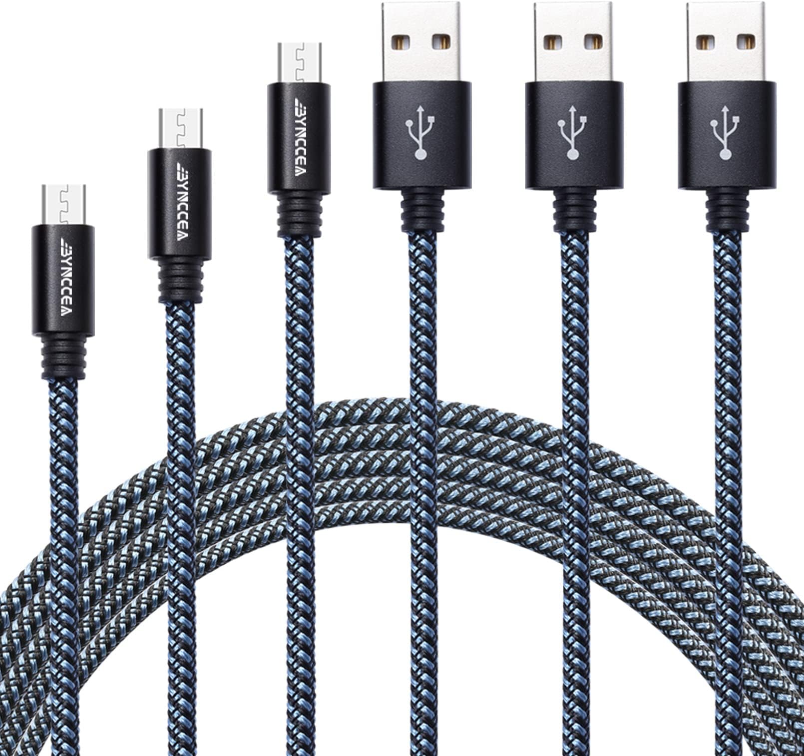 High Speed Micro USB Cable Android,3-Pack FT 3FT 6FT 10FT Cell Phone Charger Cord Nylon Braided Charging Cables Compatible with Samsung LG HTC Kindle BlackBerry Blue