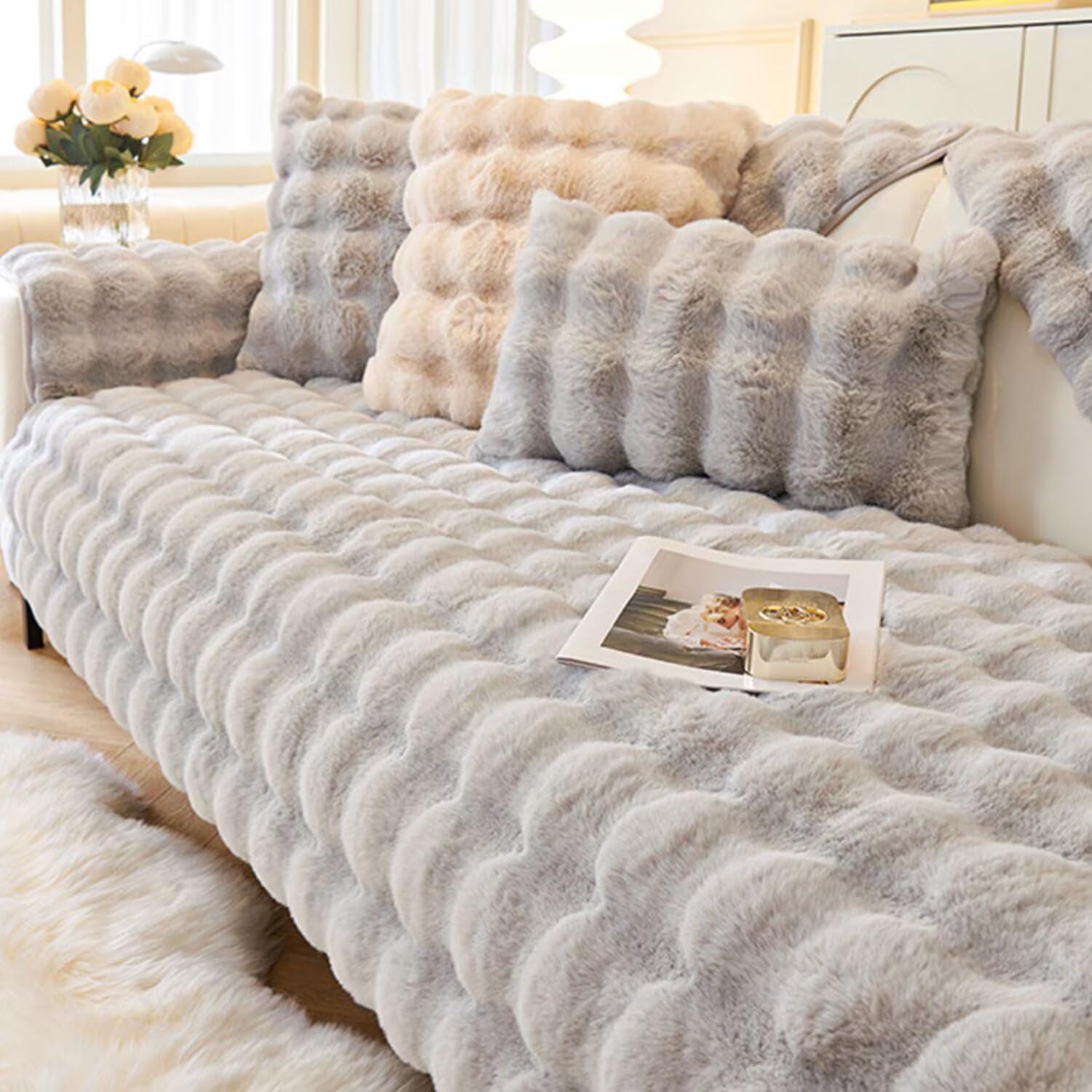 Bettschlange Thick Rabbit Plush Sofa Covers - Non-slip Sofa Slipcovers For Corner L Shape, Pet Sofa Cover, Warm Sofa Seat Covers Washable Furniture Protector,Grey,110x180cm