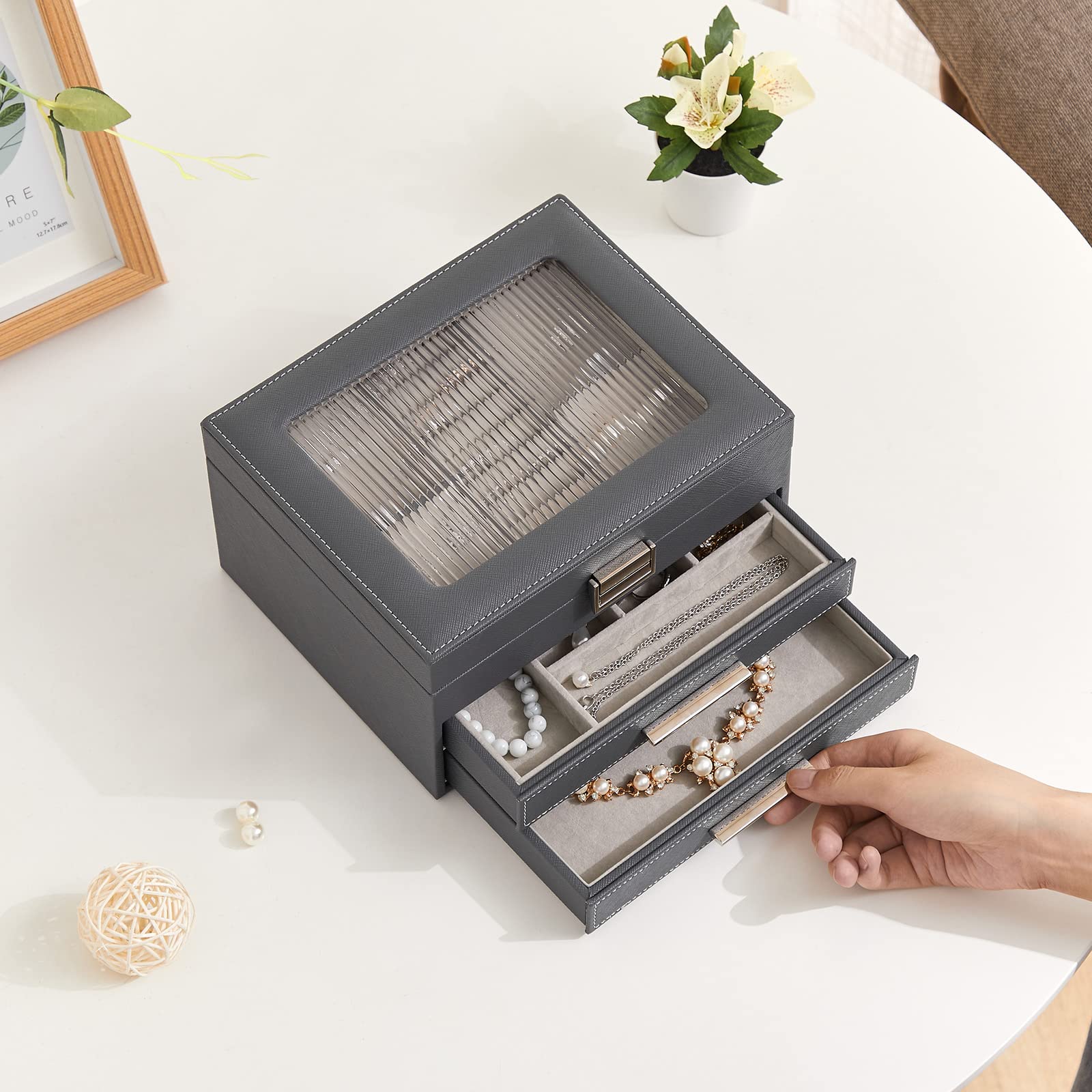 Meerveil Boîte à Bijoux En PU Pour Ranger Des Colliers, Boucles D'Oreilles, Lunettes De Soleil, Bracelets Et Montres, Femmes (10 Tiroirs, Verre Changhong, Grande, Blanc