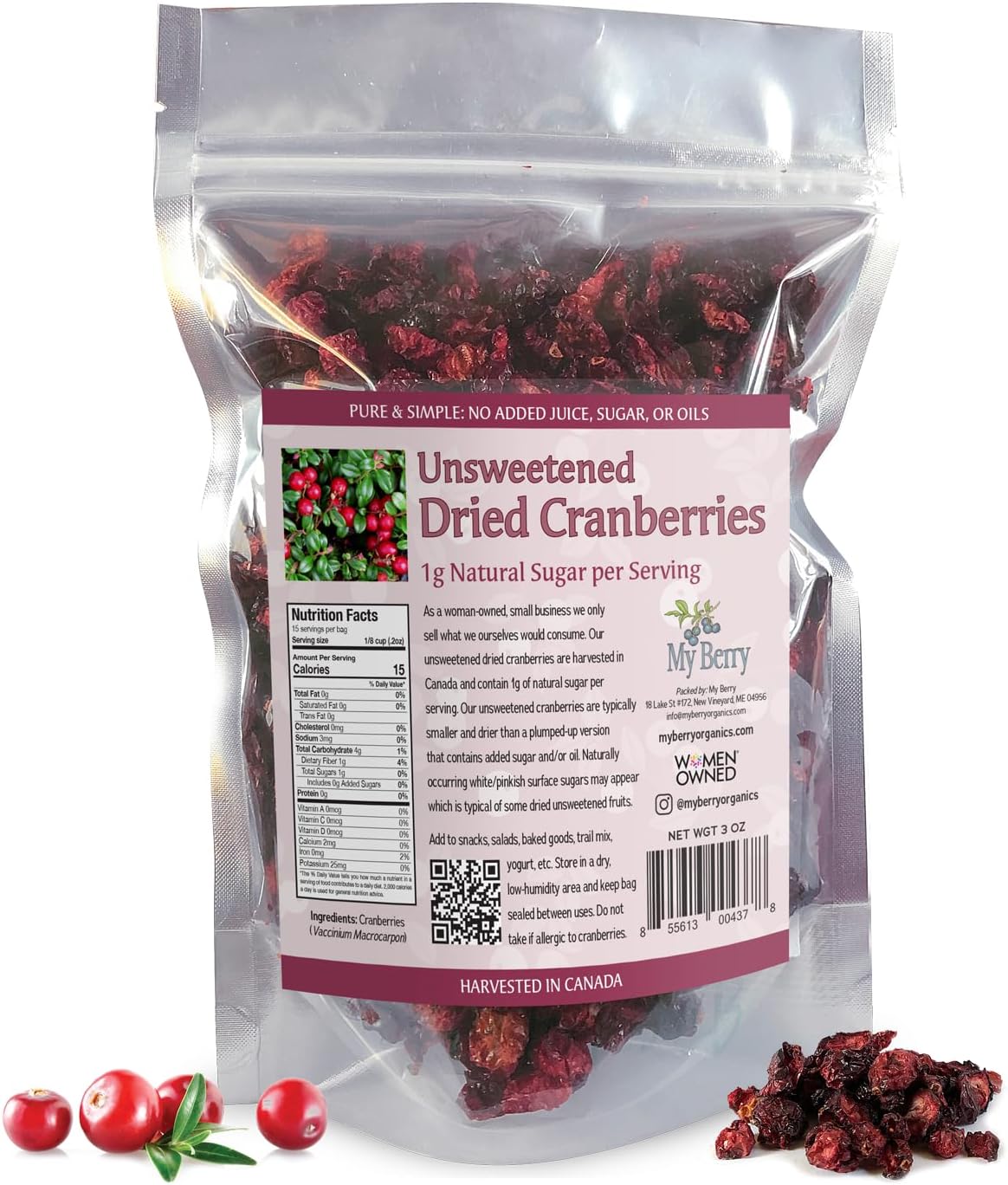 Unsweetened Dried Cranberries by My Berry | 3oz | Naturally Tart: 1g Natural Sugar Per Serving | Non-GMO | No Added Sugar, Juice or Oils | More Berries Per Ounce Than Sweetened Berries | Canadian