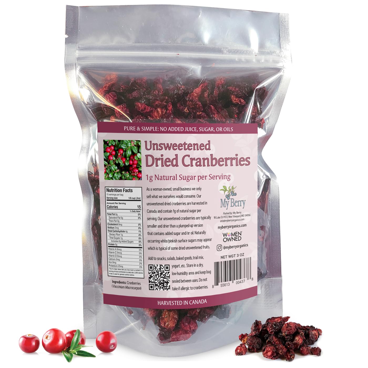 Unsweetened Dried Cranberries | No Added Sugar, Juice or Oils | Canadian Grown | 1g Natural Sugar Per Serving | More Berries Per Ounce Than Sweetened Berries | Woman-Owned Small Company | 3oz