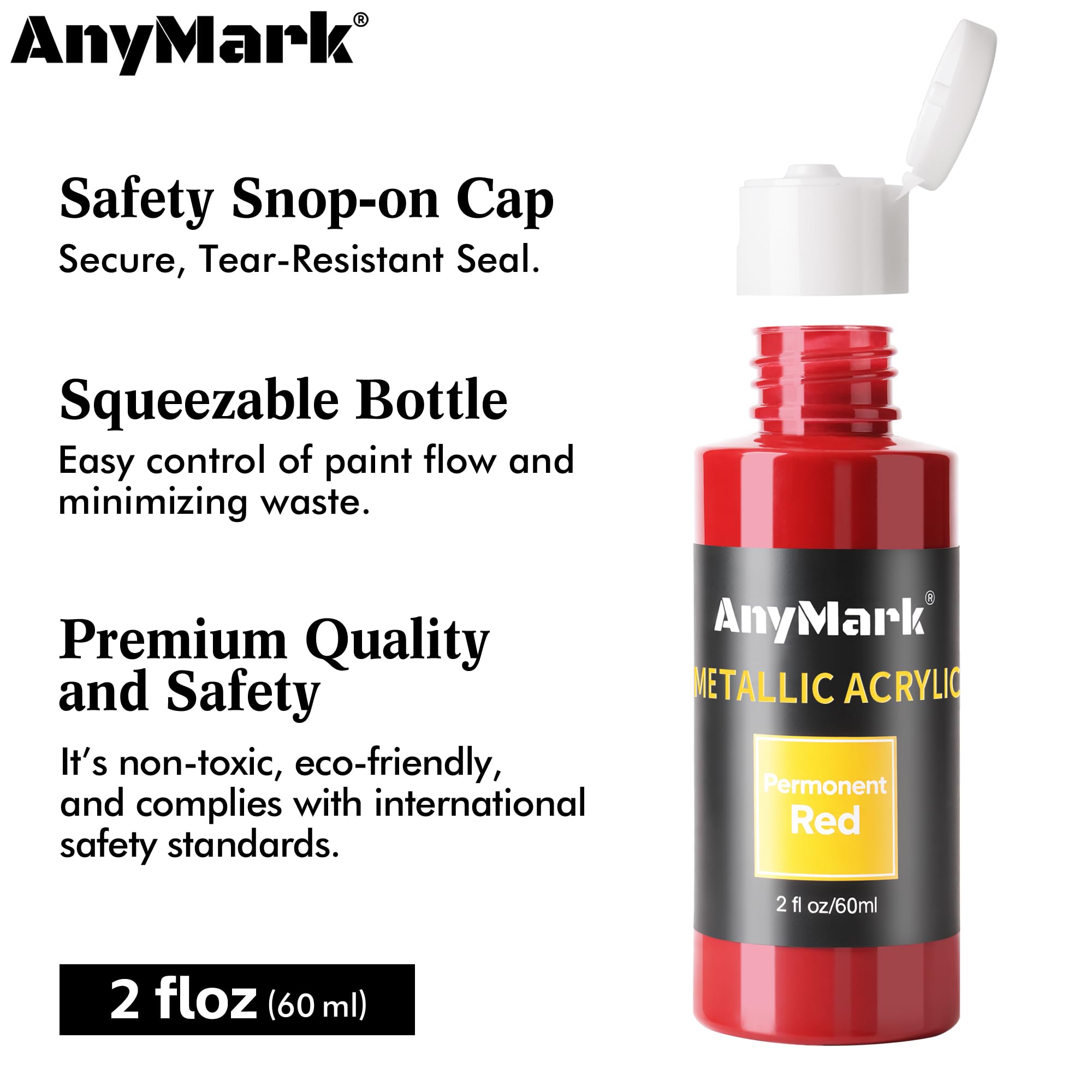 AnyMark Metallic Acrylfarbe, 48 Farben Acrylfarben-Set | Ungiftige Malutensilien für Leinwand, Stein, Holz, Keramik, 2 fl oz/60 ml Flaschen, 12 Pinsel