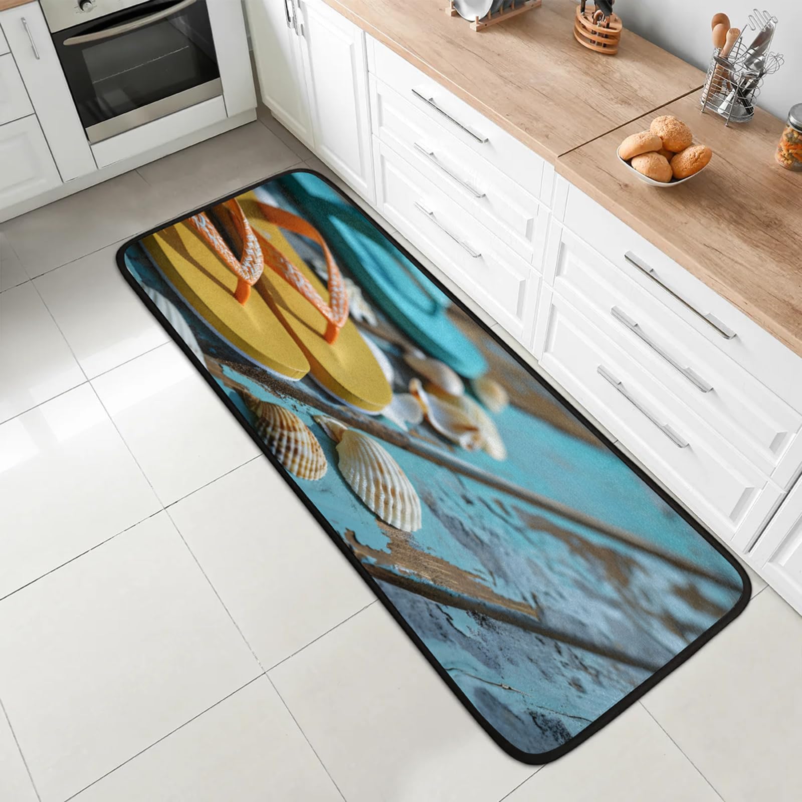 cfpolar Ocean Beach Shells Flip Flops Kitchen Mat for Floor Washable Memory Foam Kitchen Rugs Mats Non Skid Cushioned Comfort Floor Standing Mats Indoor Runner Rug for Kitchen Home Decor 24 * 72in