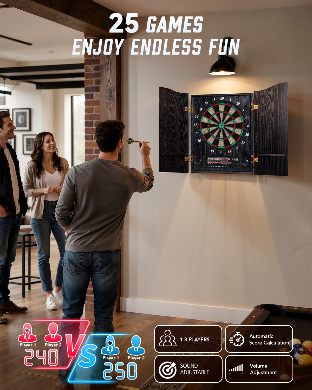 Jeu de Flechette Electronique avec Armoire en Bois Idéale pour La Famille | 25 jeux intégrés (Cricket, 301, 501), 1–8 joueurs, 50 pointes de rechange