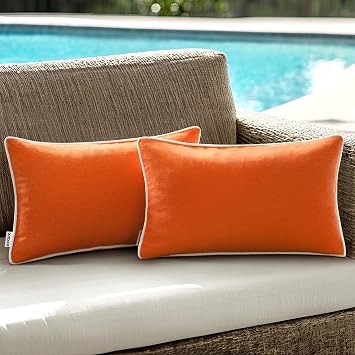 ANRODUO Set of 2 Outdoor Waterproof Pillow Covers 12x20 Inch Orange Decorative Throw Pillow Covers Linen Lumbar Solid Color Couch Pillow Covers for Patio Tent Bed Sofa and Living Room Summer Decor