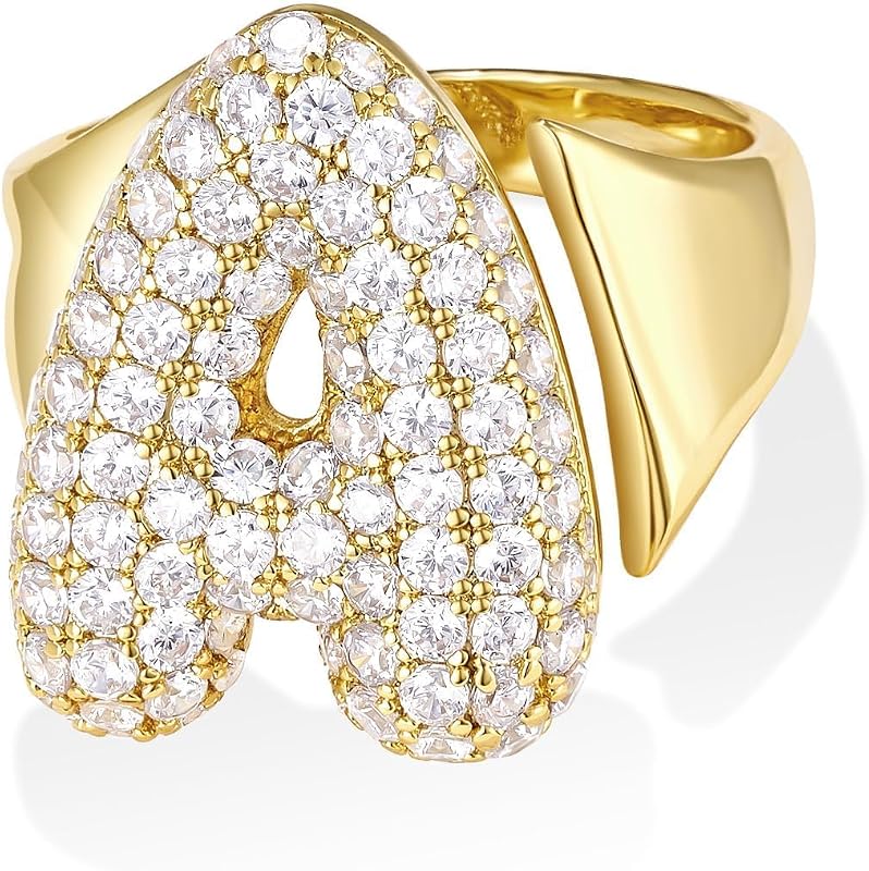 KissYan Bubble Initial Ring for Women, 14K Gold Plated Chunky Rings | Pave CZ, Adjustable Jumbo Letter Rings with Open Band, Personalized Balloon Alphabet Fashion Statement Jewelry Gift