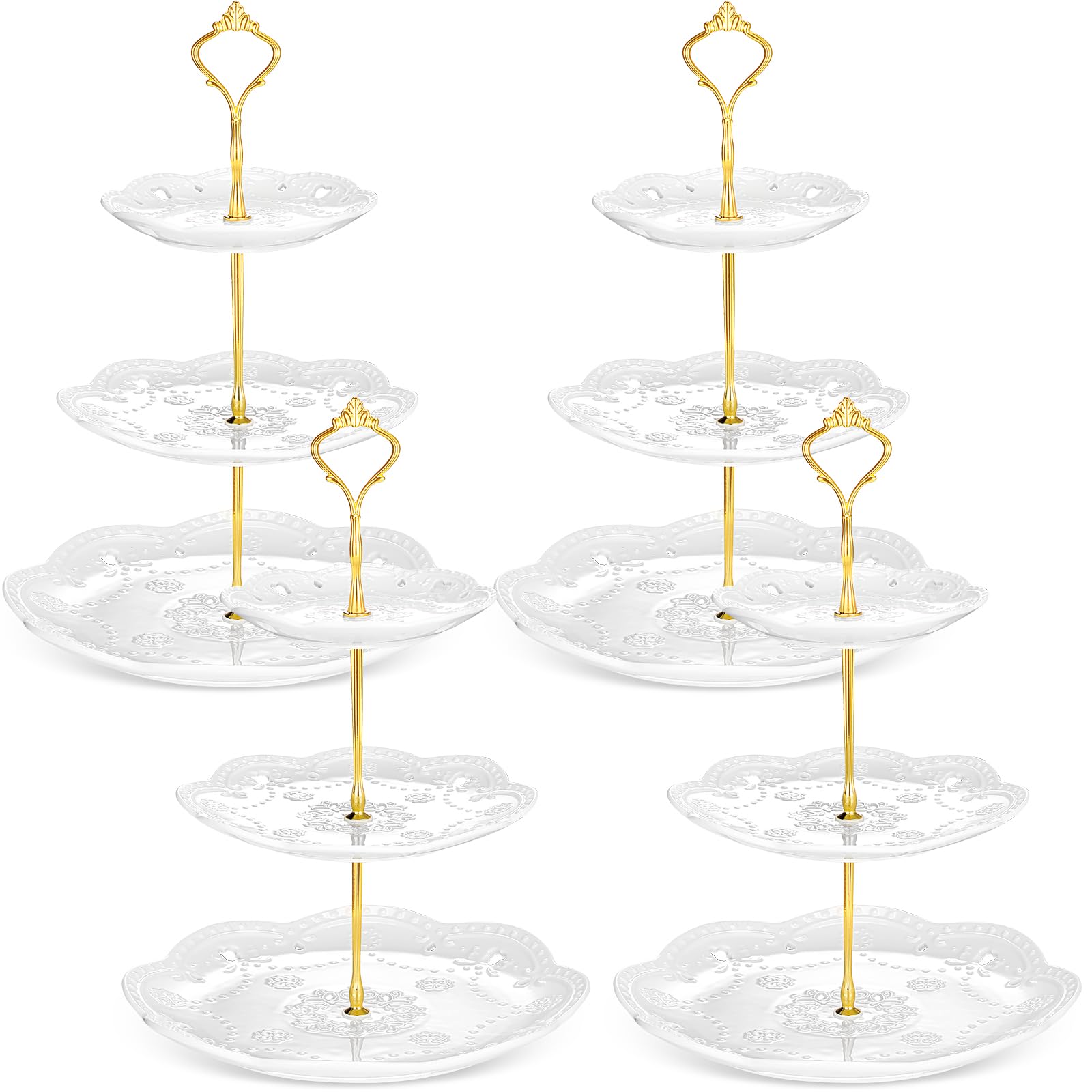 Photo 1 of 4 Pcs 3 Tier Serving Tray, Porcelain Cupcake Stand, Tiered Serving Stand, Pastry Dessert Holder Embossed Cupcake Tower for Tea Wedding Birthday Halloween Christmas Party (Lace Round Style)