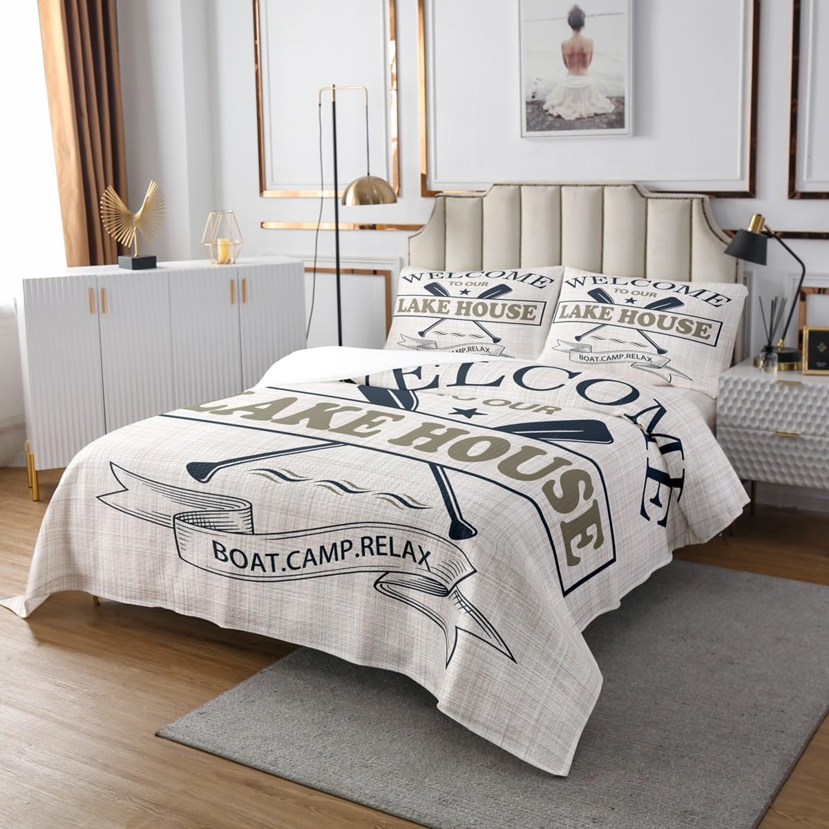 Lake House Quilt Bedding Set Queen Size,Go Boating Paddle Lake Life Themed Bedspread Coverlet for Girls Teens,Retro Beige Plaid Lakeside Decor Soft Polyester Quilt Set, All Season