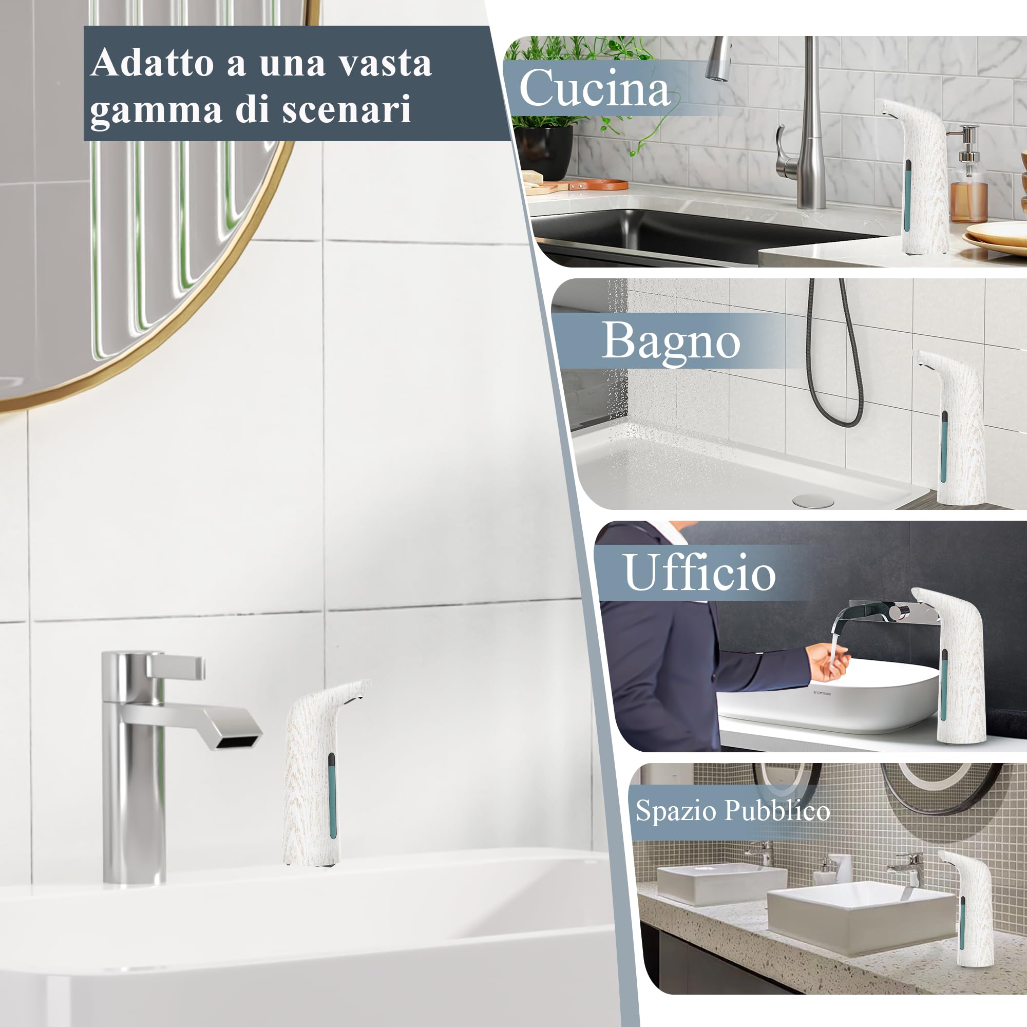 Dispenser automatico di sapone da 400 ml, a batteria, senza contatto, elettrico, con sensore, 4 livelli regolabili, no-touch, per bagno e cucina (Grano di legno bianco)