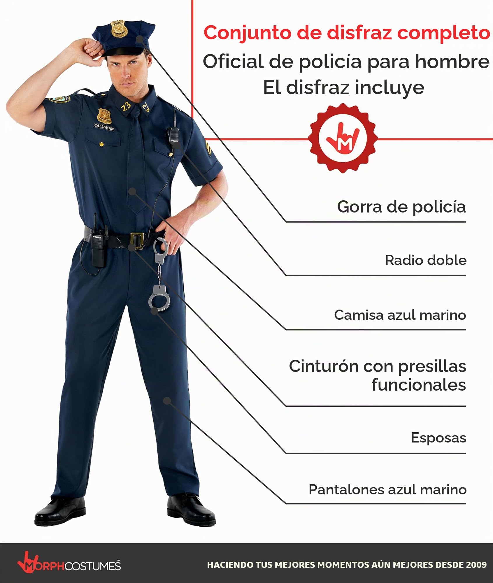 Morph Disfraz Policia Hombre Adulto, Traje Policia,Disfraces Policía, Disfraz Carnaval Hombre y Halloween