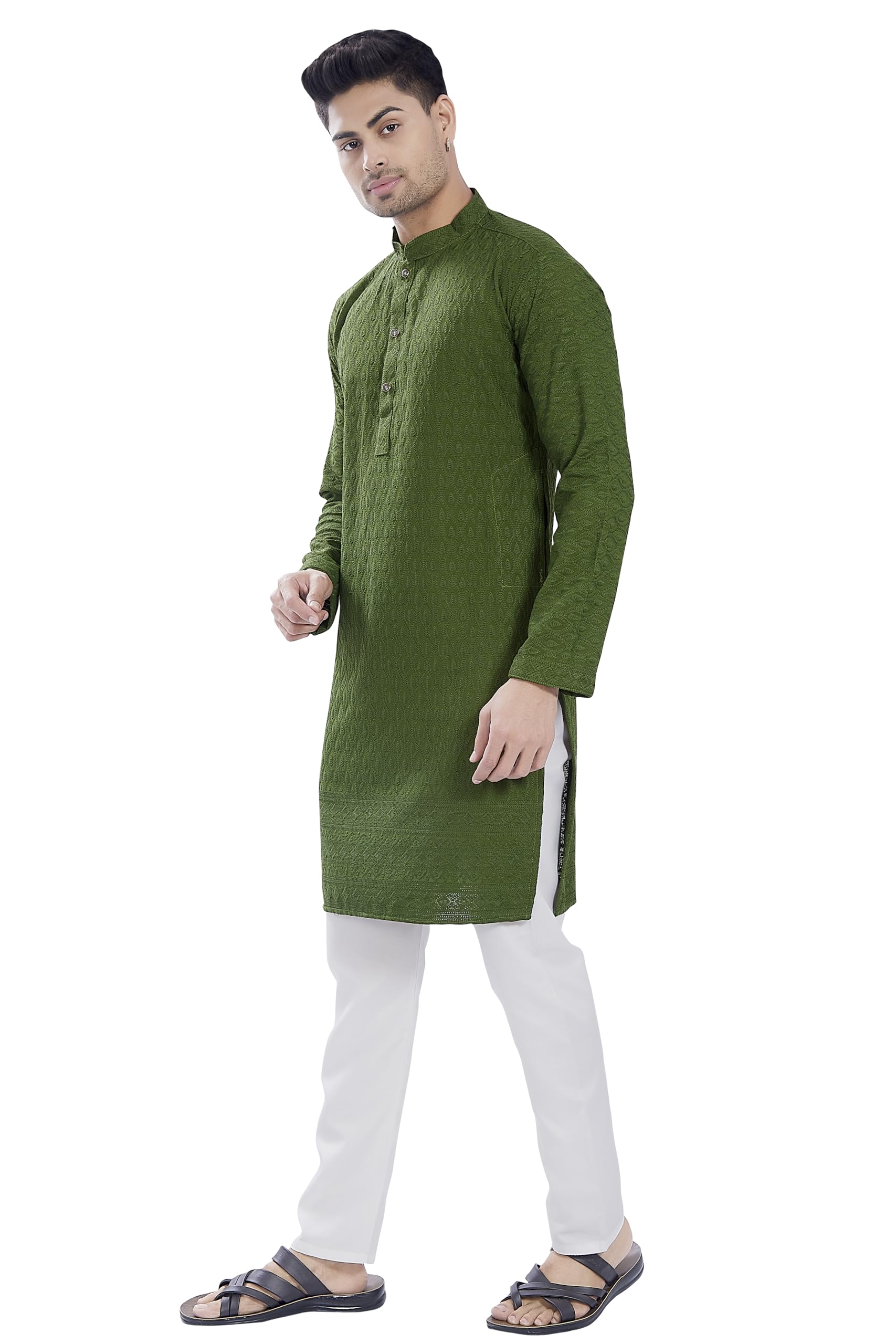 Divisive Men's Thread Embroidered Cotton Blend Only Slim Fit Kurta (Dkrt732_S_Mehendi)
