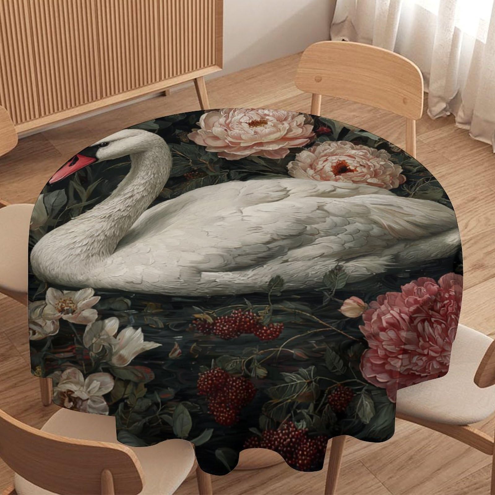 LUYYSKY Beautiful Retro Elegant Swan Waterproof Round Tablecloth Rustic Abstract William Morris Flowers Animal Swan Washable Table Cover for Kitchen-91.4" Wx91.4 L cm