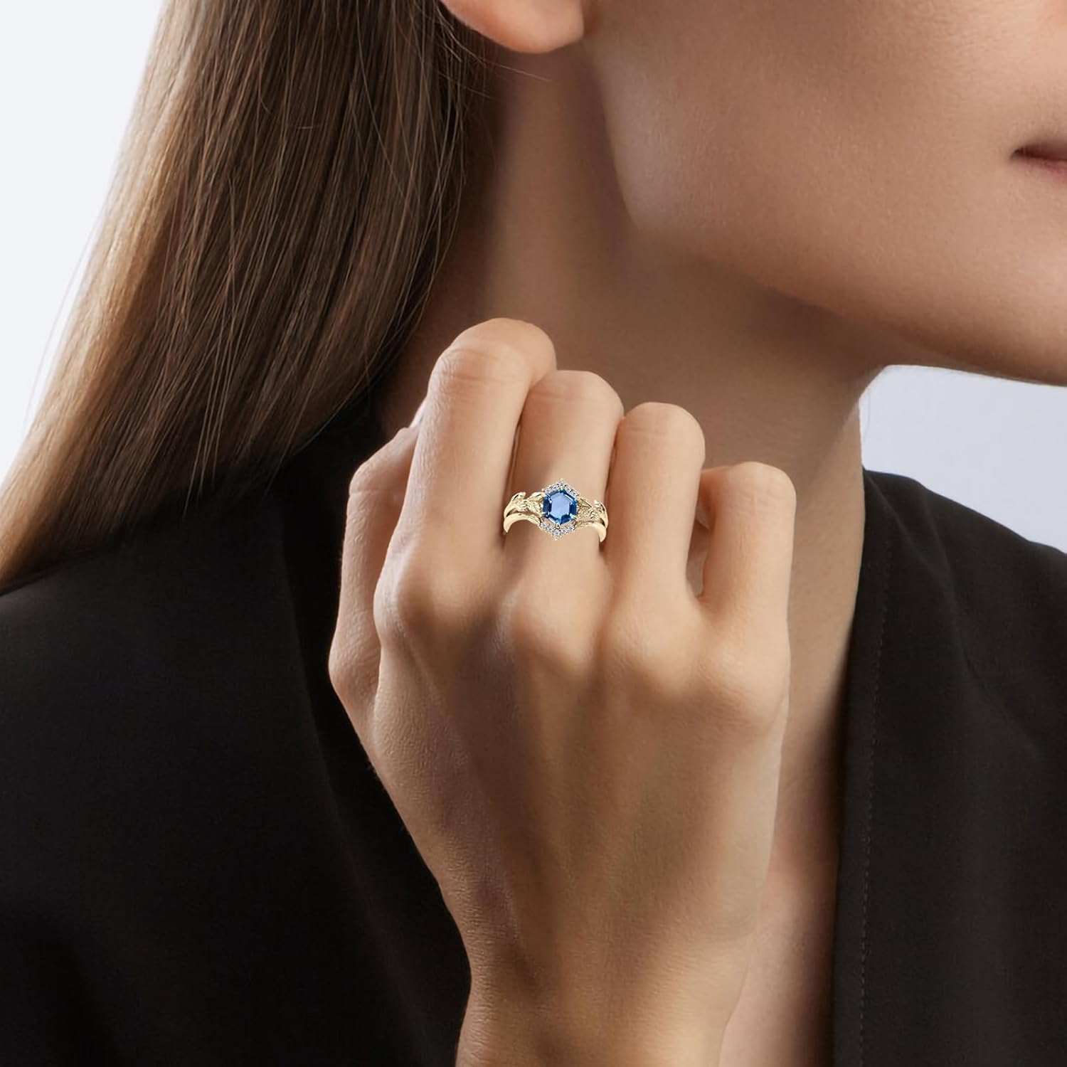 Hexagon Cut Gemstone Engagement Ring Set for Women 10K 14K 18K Gold Vintage 7 MM Gemstone Art Deco Leaf Ring Set Unique Briald Wedding Ring Set Size 3.5-14