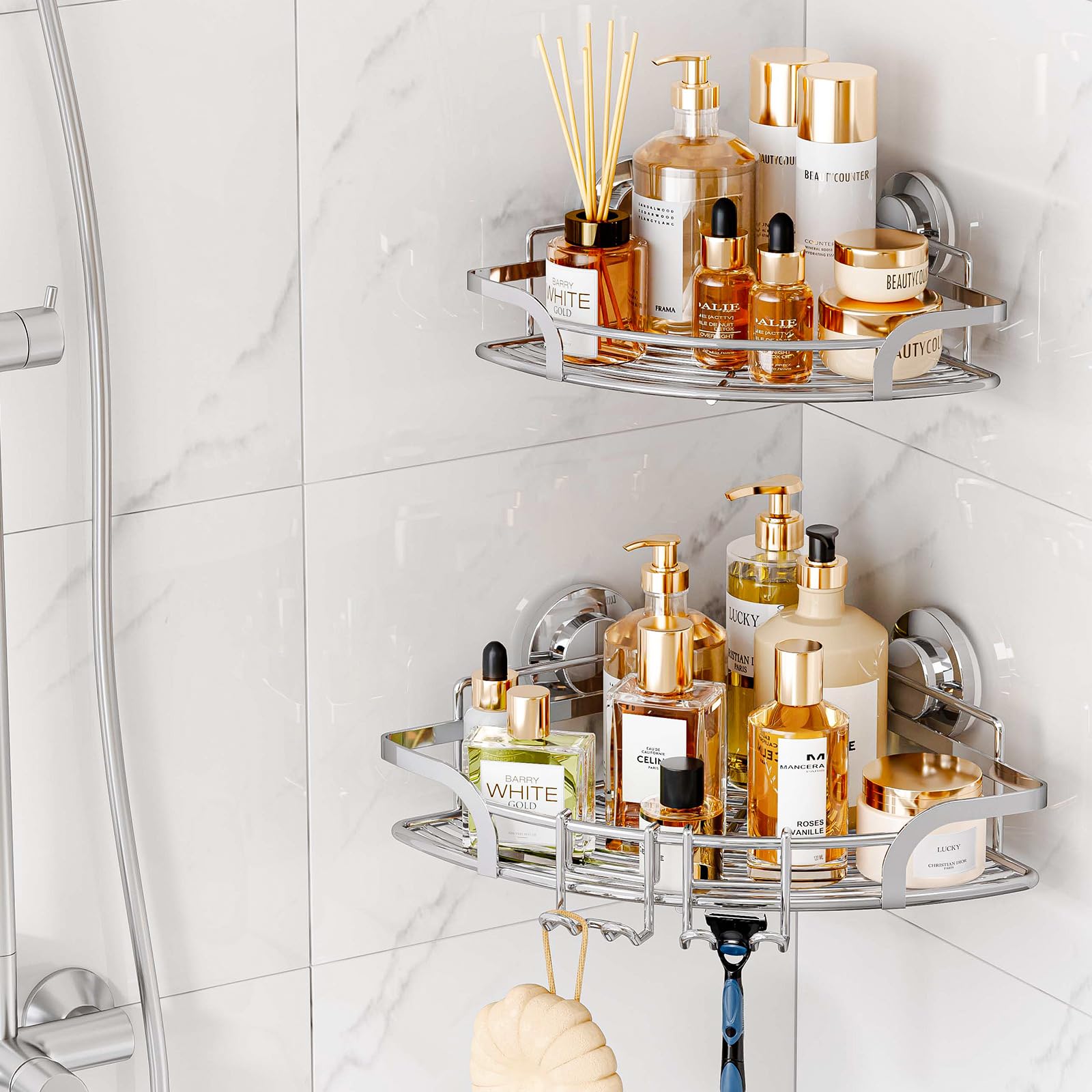 TAILI Corner Caddy Suction Cup Shower Shelves with Hooks, Heavy Duty Stainless Steel Shower Basket Organizer for Bathroom, Rustproof Shower Rack Drill-Free Removable, Silver, 2 Pack