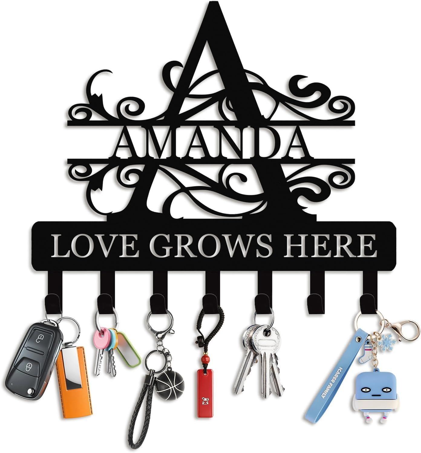 Grovjewfit Personalized Metal Key Holder for Wall with Family Name Key Holder Wall Mounted with 5-12 Hooks Home Decor for Kitchen Entryway Hallway Office Doorway (E)