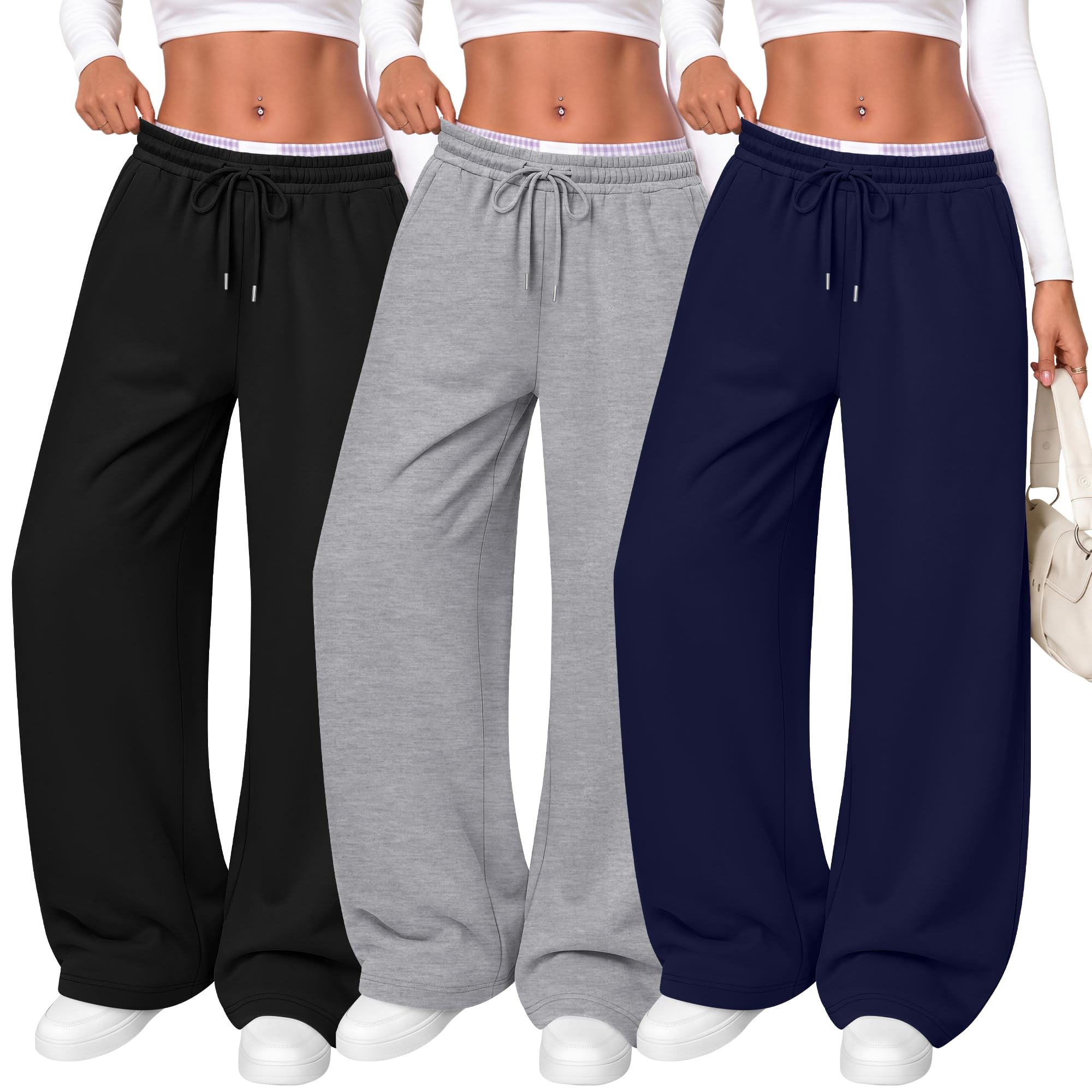 Neer 3 Pack Women's Lounge Pants Cozy Baggy Sweatpants | Lightweight Wide Leg Sweat Pants, Stretchy Elastic Waist Drawstring Pants, Athletic Pull-on Slacks, Lounge Workout Clothes
