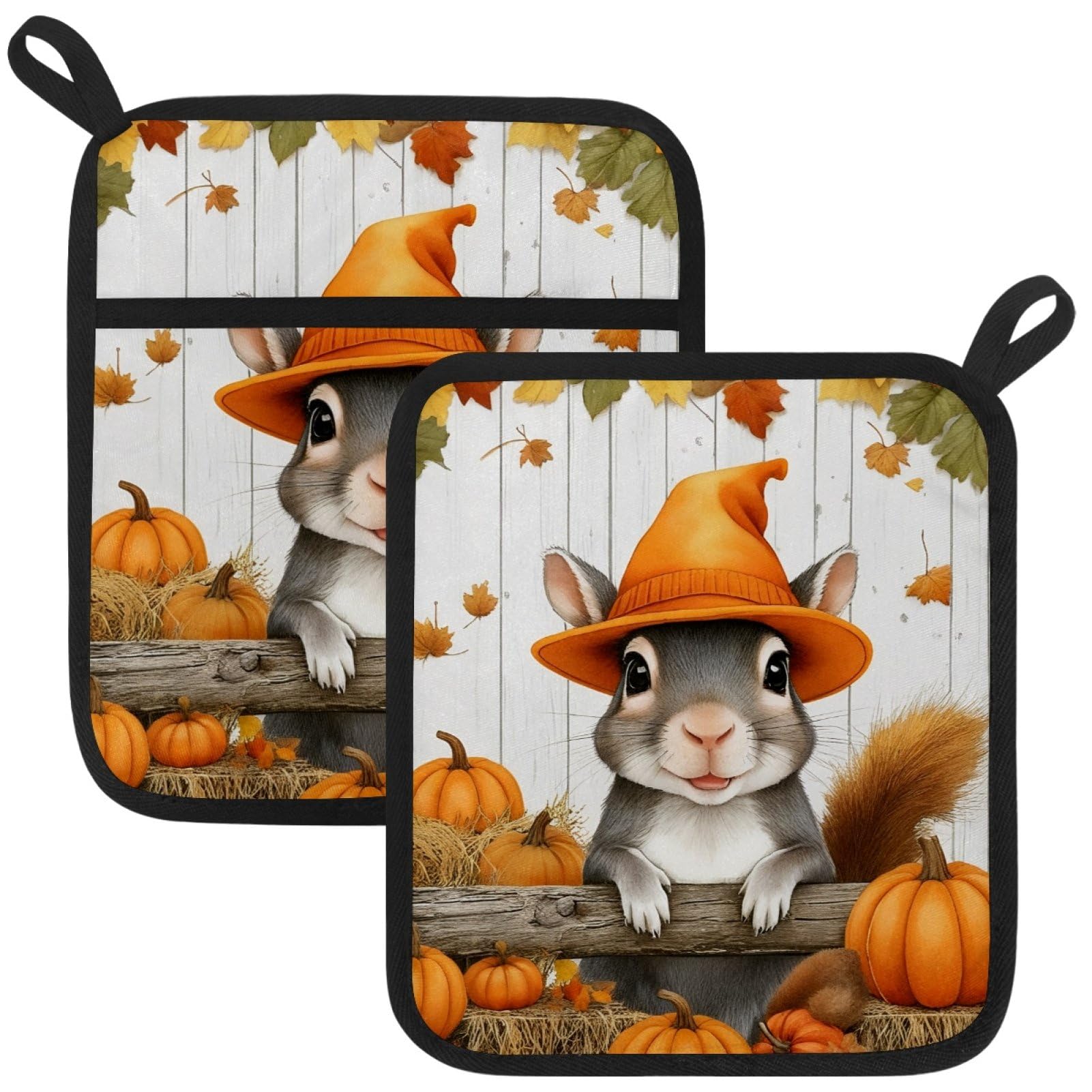 VAPOKF Autumn Squirrel Pot Holders with Pocket for Kitchen Heat Resistant Potholders Large Polyester-Cotton Square Oven Mitts Set