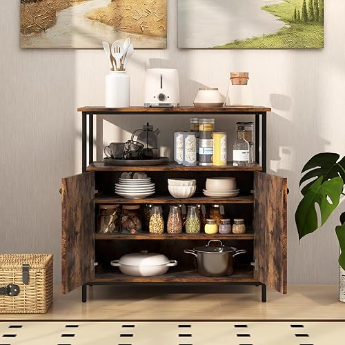 Miniatura 4 de IFANNY Gabinete de buffet, armario de almacenamiento industrial con puertas y estantes, buffets y aparadores de madera, barra de café de granja,