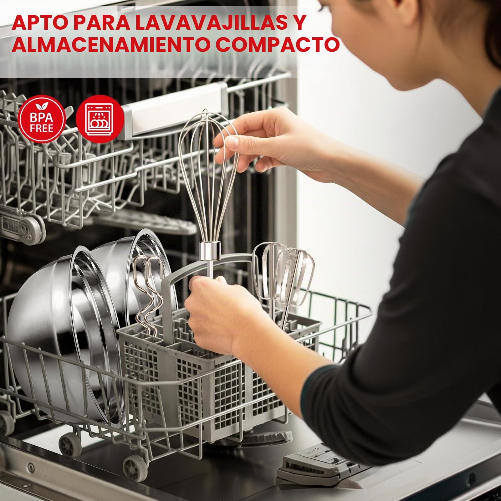 Leaflai Batidora eléctrica de mano con 7 velocidades, varillas eléctricas, 4 cuencos grandes, cuencos insertables de acero inoxidable, vasos medidores, cucharas y varillas Turbo Boost para la cocina
