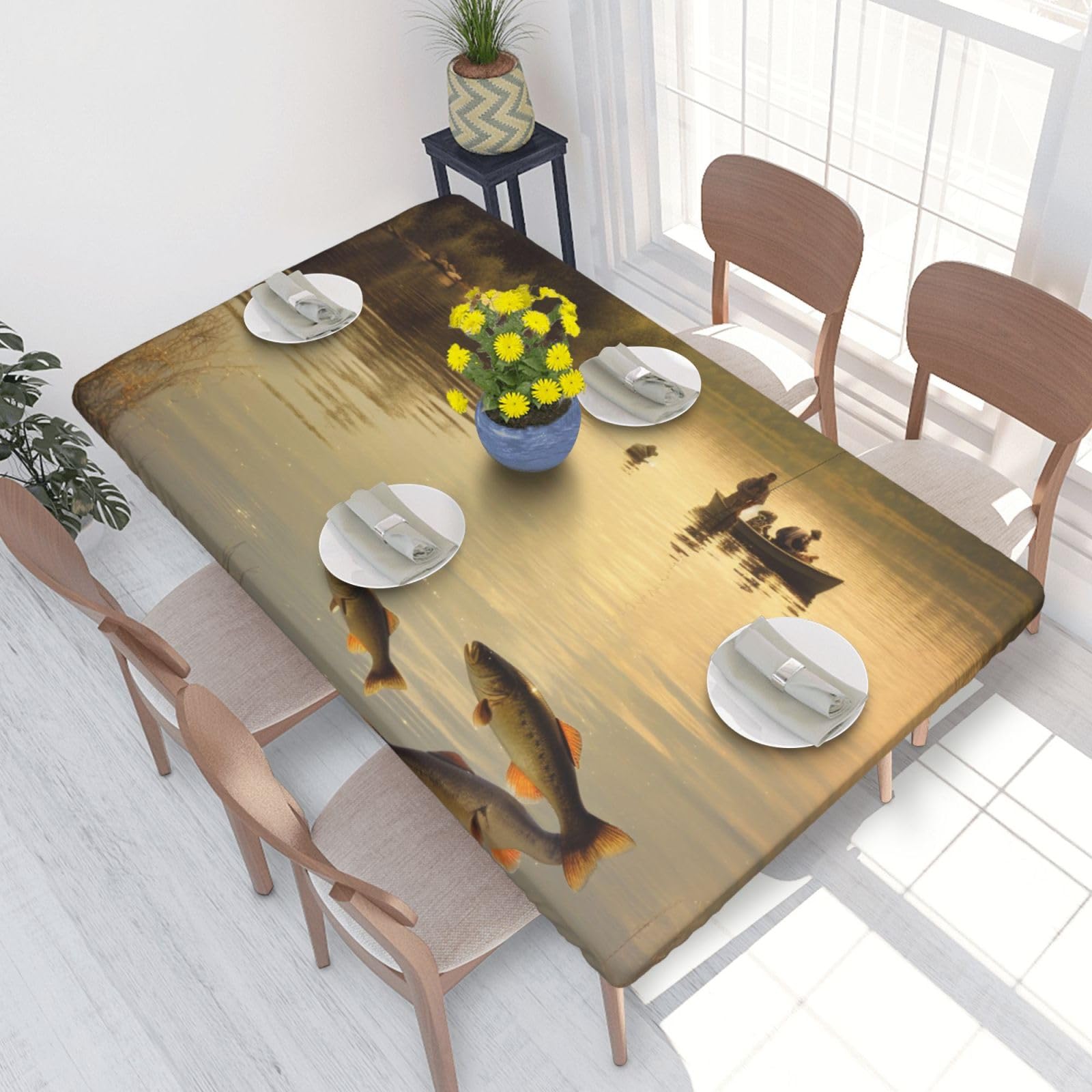 DCARSETCV Fishing Lake Fishermen Printed 4FT Waterproof Tablecloth with Elastic Edged Protect & Decor Your Table, Oil-proof Washable Table Cloth Cover for Dinner Picnic Party