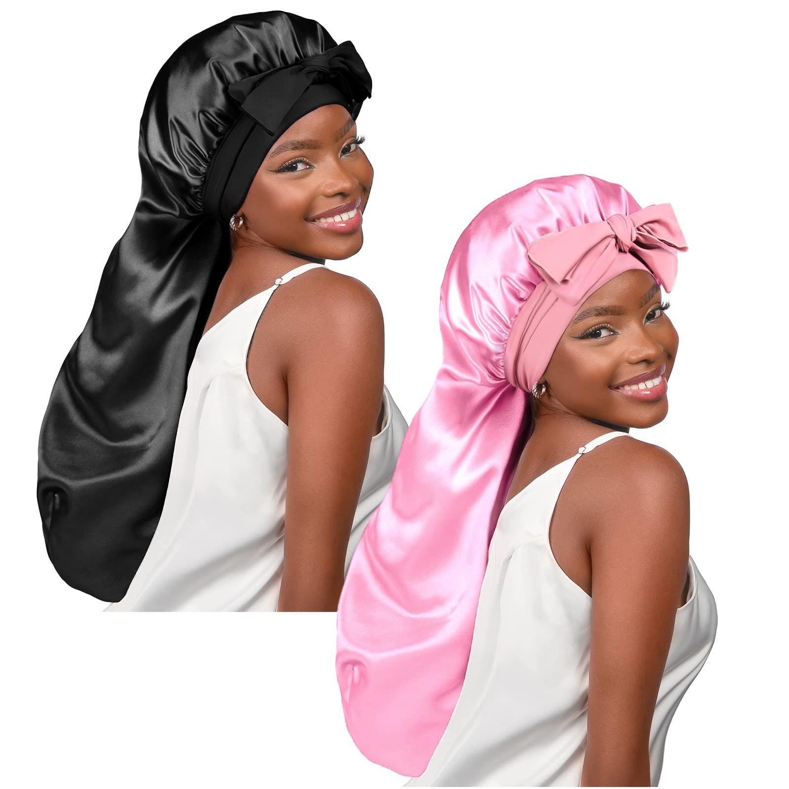 YANIBEST2Pcs Silk Bonnet for Sleeping Braid Bonnet for Long Hair with Tie Band for Black Women Curly Hair Locs, Black&PinkOEKO-TEX STANDARD 100
