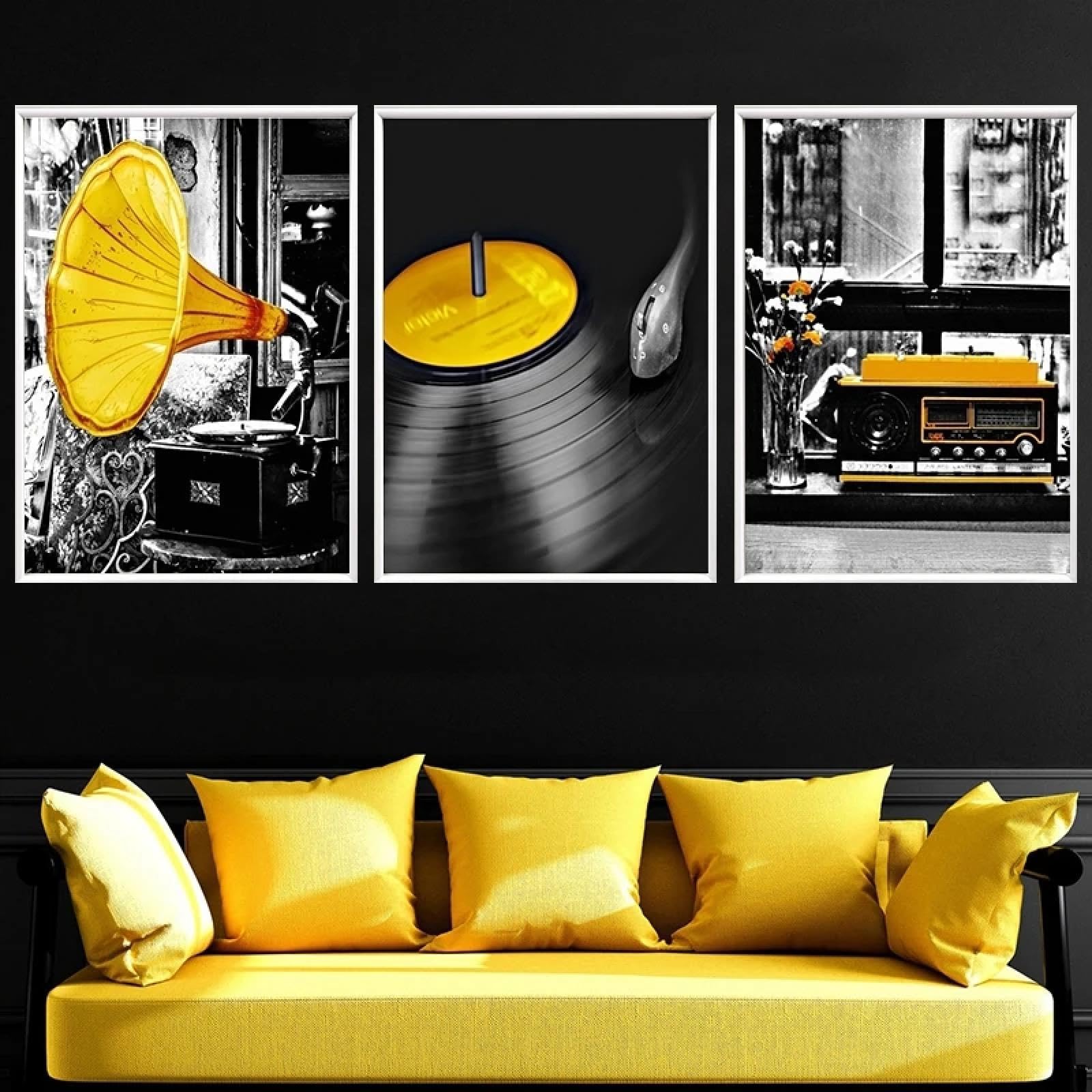 BMGKYAGL Poster musicale antico giallo, fonografo, registratore a disco, quadro da parete, tela, decorazione estetica per la casa, 50x75cmx3 cornice