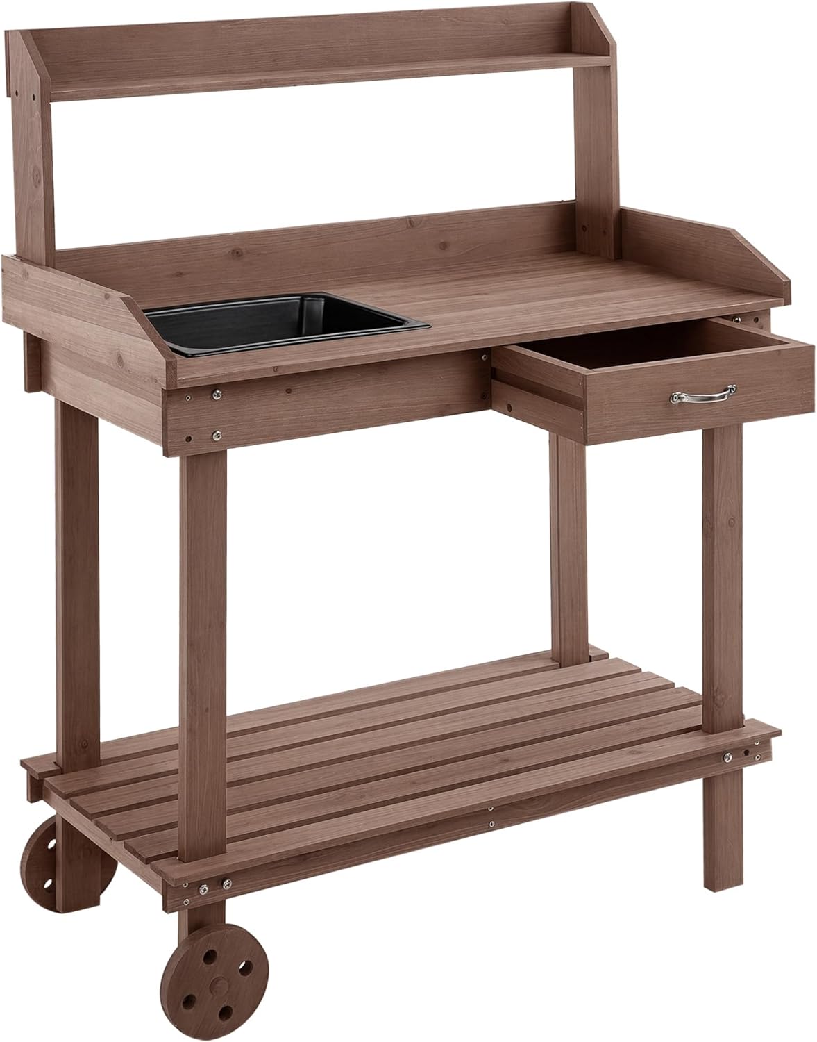 Outsunny 36" Wooden Potting Bench Work Table with 2 Removable Wheels, Garden Workstation with Removable Sink, Drawer & Large Storage Spaces, Brown