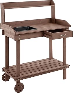 Outsunny 36" Wooden Potting Bench Work Table with 2 Removable Wheels, Garden Workstation with Removable Sink, Drawer & Large Storage Spaces, Brown