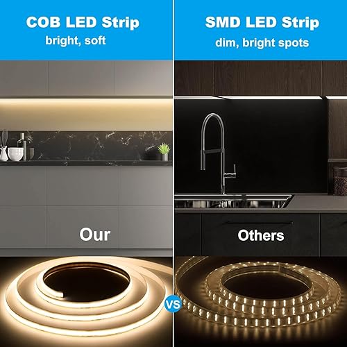 Miniatura 5 de GIDEALED Tira de luz LED COB de 20 pies, color blanco cálido, 3000 K, 2880 LED, tira flexible de 24 V COB LED regulable para iluminación ambiental