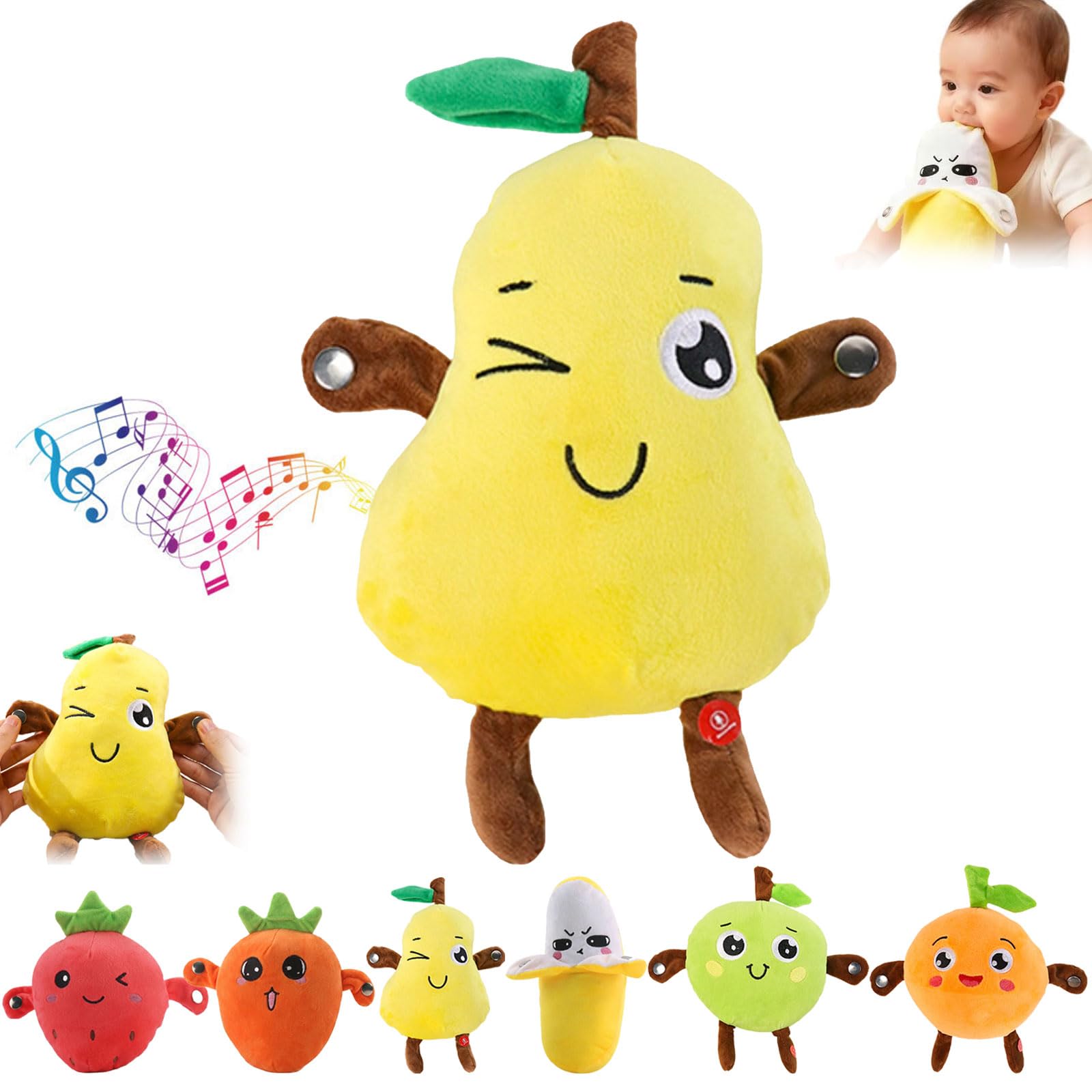 25cm Interactive Musical Fruit Plush Doll Toy, Banana Plush Musical Sensory Toy, Strawberry Plush with Piano and Metronome Sounds, Parent-Child Play Fun, Gifts for Boys & Girls (Pear)