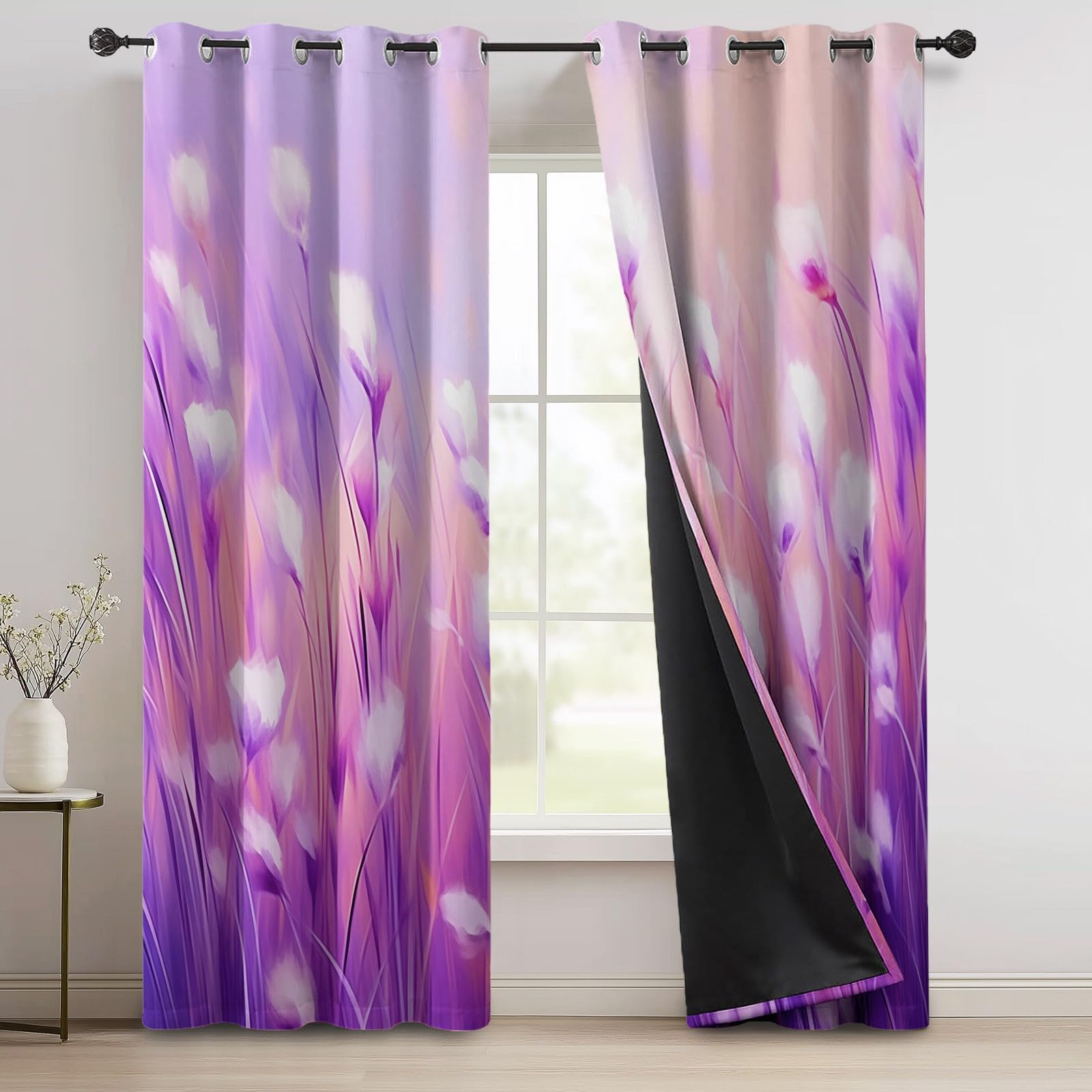 Lavande Rideau Occultant Botanique - Anti Froid & Thermique Durable Rideaux à Oeillets Motif Rêveur Floral, Intérieurs Rideaux pour Chambre Salon Chambre d'enfant 70L X 240H cm (2 Panneaux)