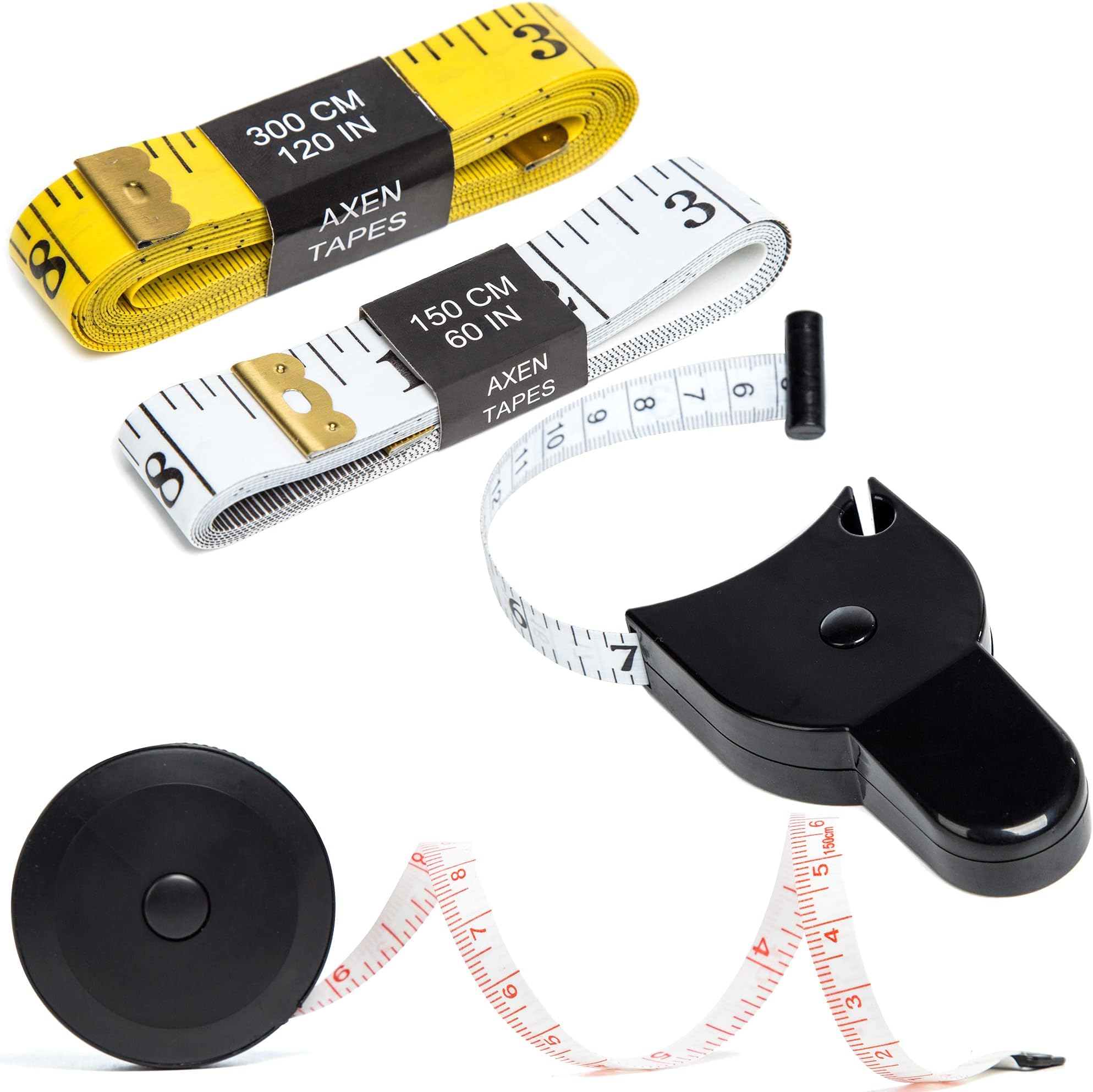 TACVEL 4 Pack Tapes Measure Set, Including 2 x Soft Tapes Measure, 1x Black Retractable, 1 x Lock Pin and Push Button Measuring Tape, for Sewing, Body, Tailor