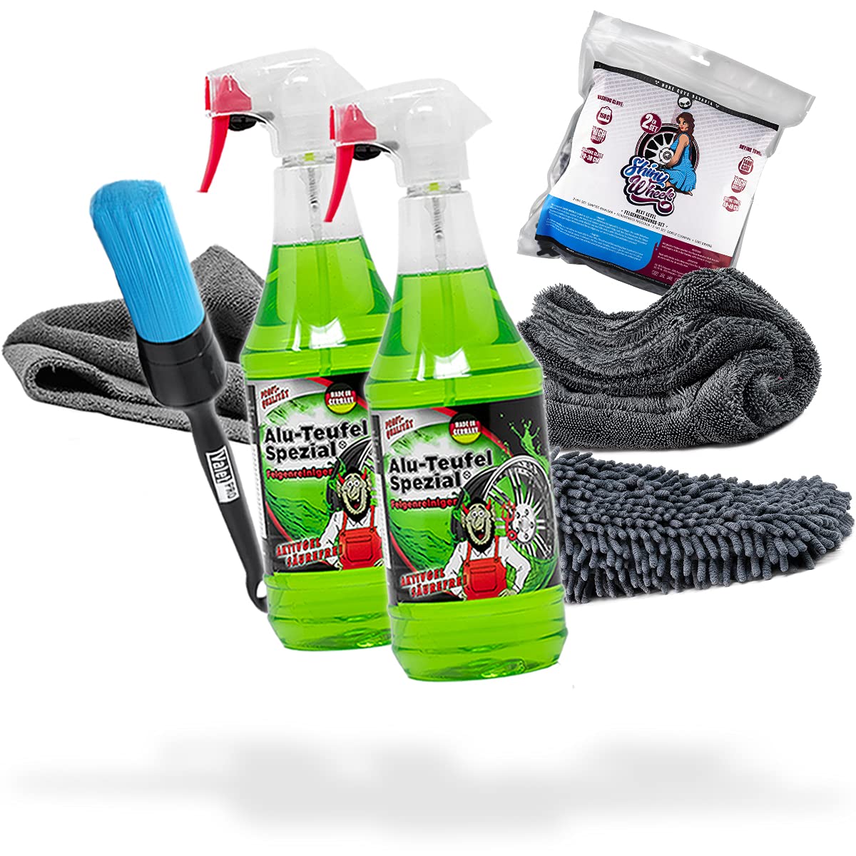 detailmate Juego de Limpieza de Llantas: 2X Tuga Chemie ALU-Teufel 1L Limpiador de Llantas + Juego Nuke Guys Shiny Wheels con paño y manopla Lavado + Cepillo para Llantas ValetPRO + paño Microfibra