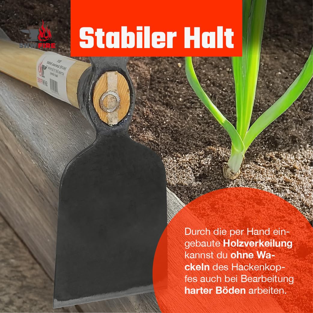 SHW-FIRE | Hochwertig geschmiedete Doppelhacke, breites und schmales Blatt, robuster 135 cm Eschenholzstiel, ideal für Graben, Umpflanzen & Beetpflege | Made in Germany