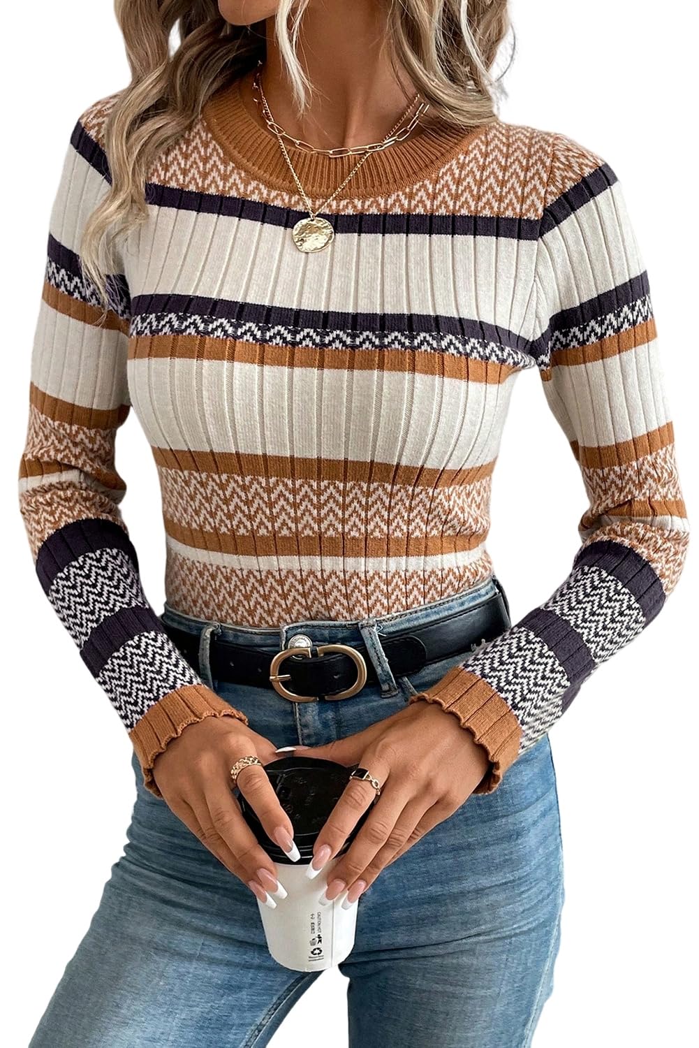 Urchics Brown Stripe Stylish Pattern Knitted Ribbed Trim Slim Sweater Pullover for Women
