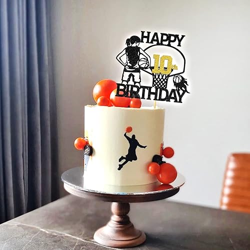 Miniatura 3 de Tivurcia Decoración de pastel de baloncesto con texto en inglés "Happy 10th Birthday", decoración de pasteles de felicitación a 10 años, temática