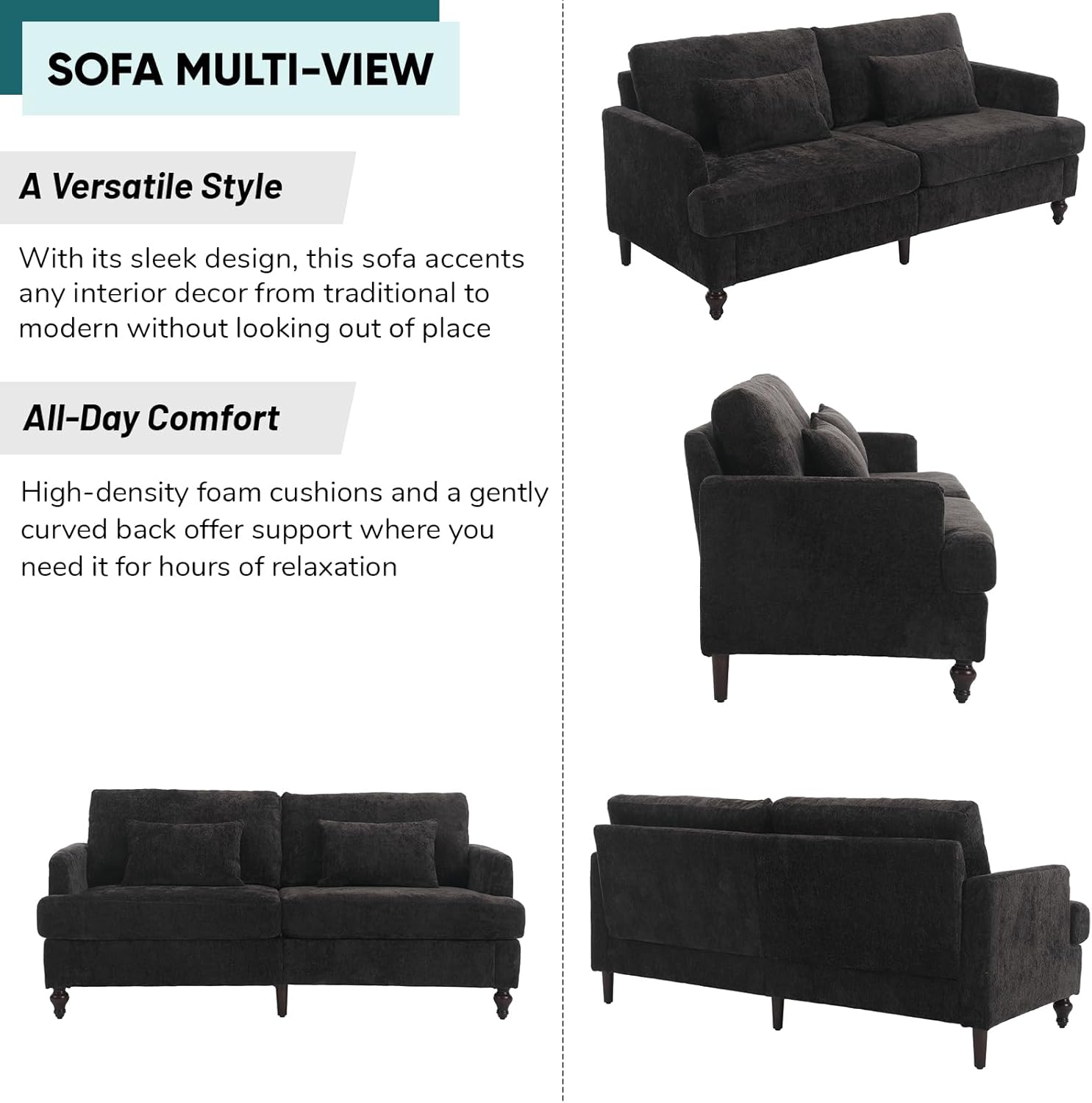 JOYBASE 2 Pieces Living Room Furniture Sets, Loveseat Couch and Accent Chair, Mid-Century Modern Sofa Set for Living Room, Apartment, Office, Bedroom (Black, Chenille)
