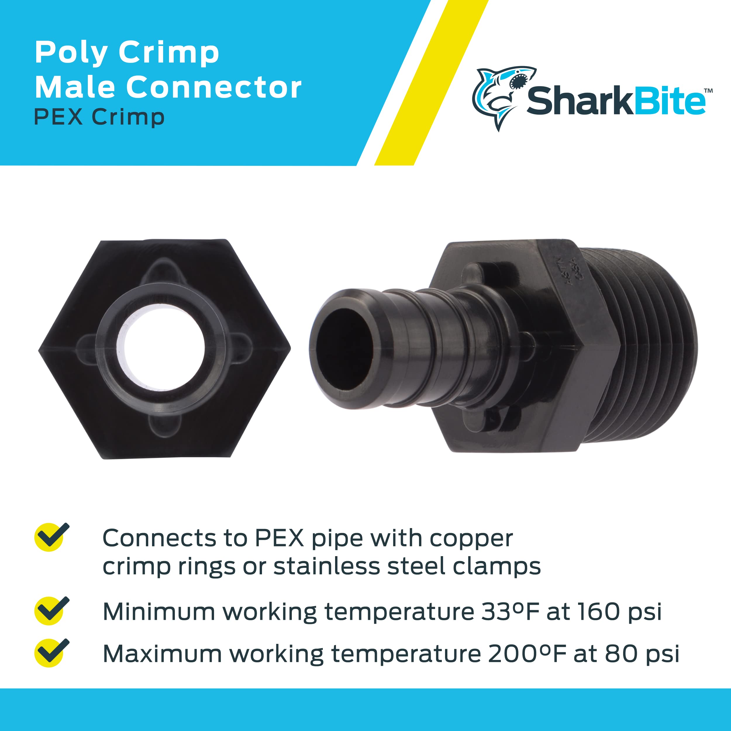 SharkBite Adaptador de crimpado de polietileno MNPT de 1/2 pulgada, paquete de 25, tubo PEX, PE-RT, UP120