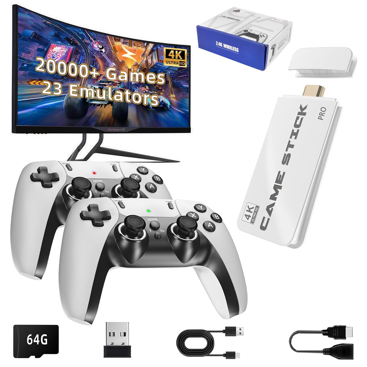 2025 new retro game console, nostalgia gaming stick, classic video games with 4k hdmi, 20,000+ games and 23 emulators, upgraded dual 2.4g wireless controllers 64gb