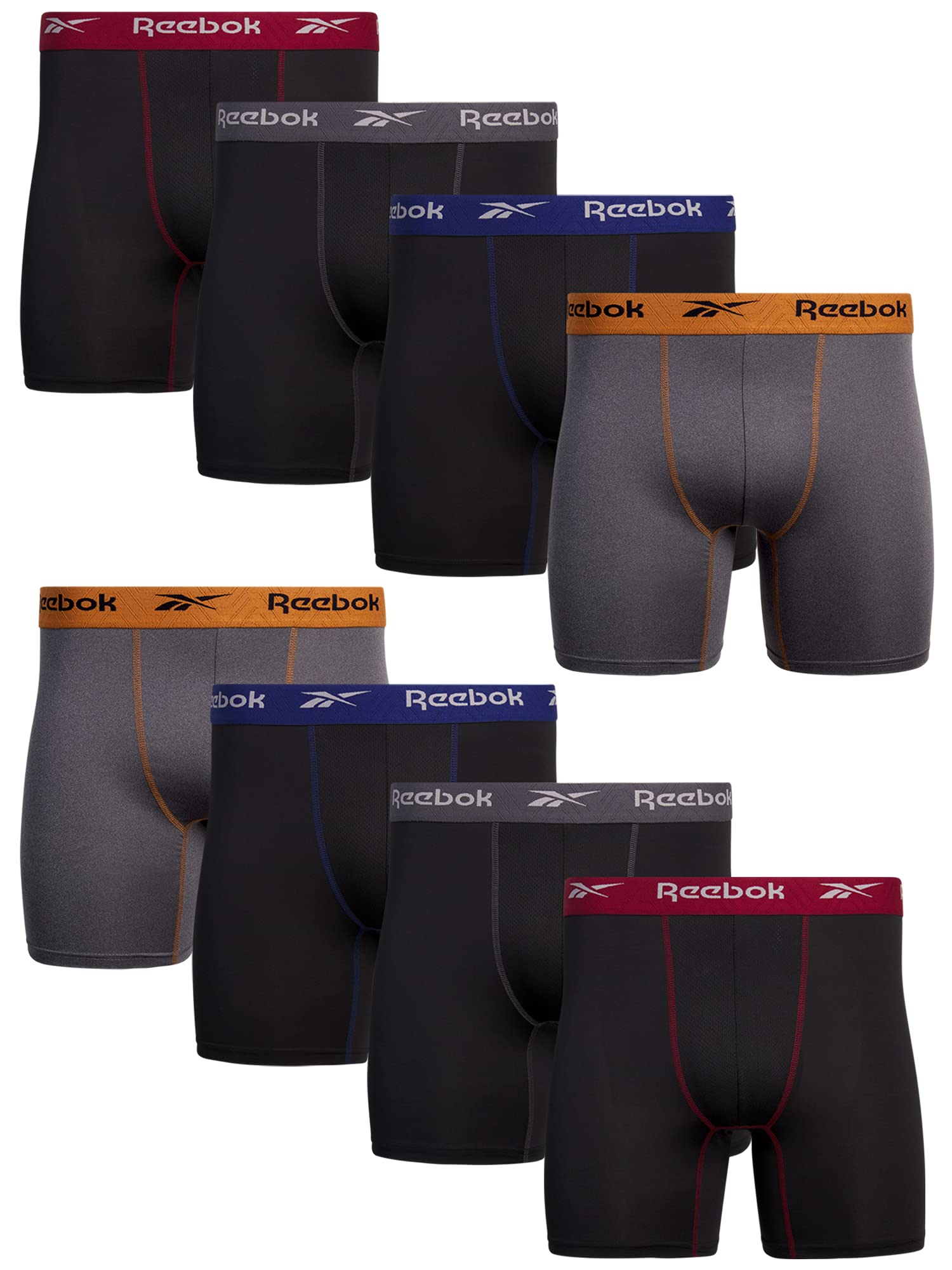 Reebok Mens Boxer Briefs - 8 Pack Stretch Performance Moisture Wicking 6 Inseam Mens Underwear Boxers with Contour