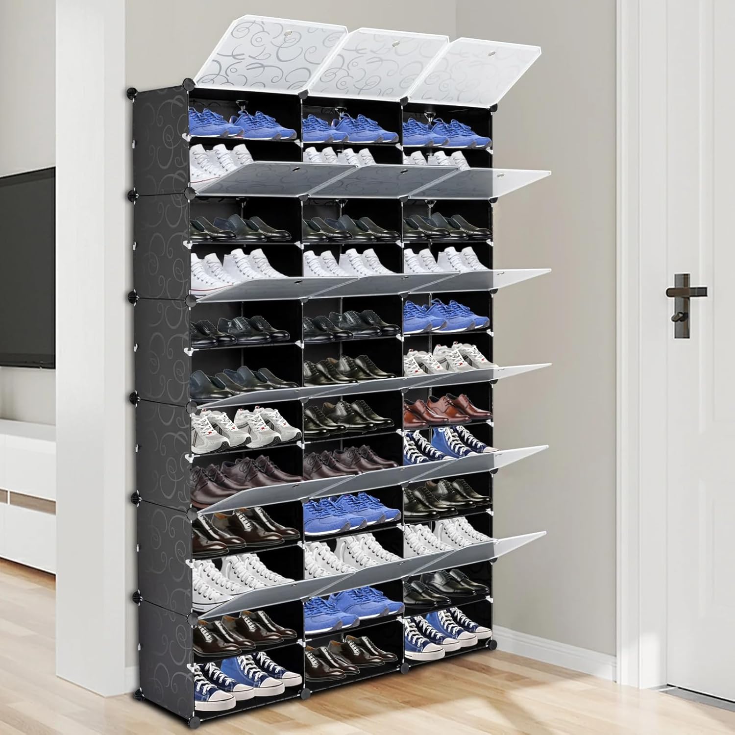 12 Tier Shoe Rack, Up to 72 Pair with Cover, 36 Grids Expandable Shoe Rack, DIY Portable Organizer for Heels, Boots, Slippers, Use for Entryway, Hallway, Closet(Black, 47.25" x 12" x 72")