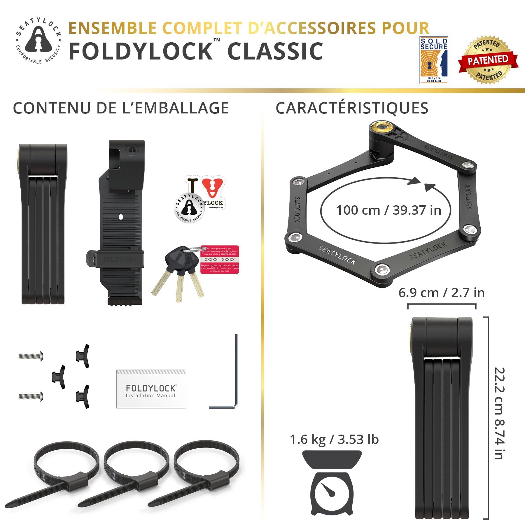 Seatylock FoldyLock Classic Antivol Velo Pliable - Antivol Pliable avec Clés - Cadenas Velo 3 Ans de Tranquillité d'Ésprit - Niveau Sécurité 16/18 - Classé Sold Secure Gold - 100cm