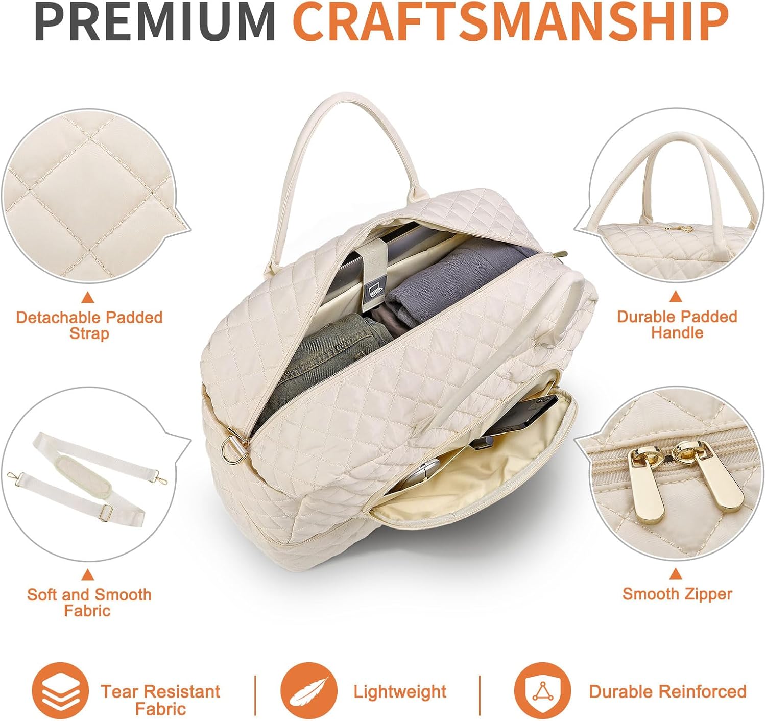 Large Travel Duffle Bag for Women, Quilted Duffle Bag,Weekender Bag W/Shoe Compartment+Wet Pocket+Toiletry Bag, Beige