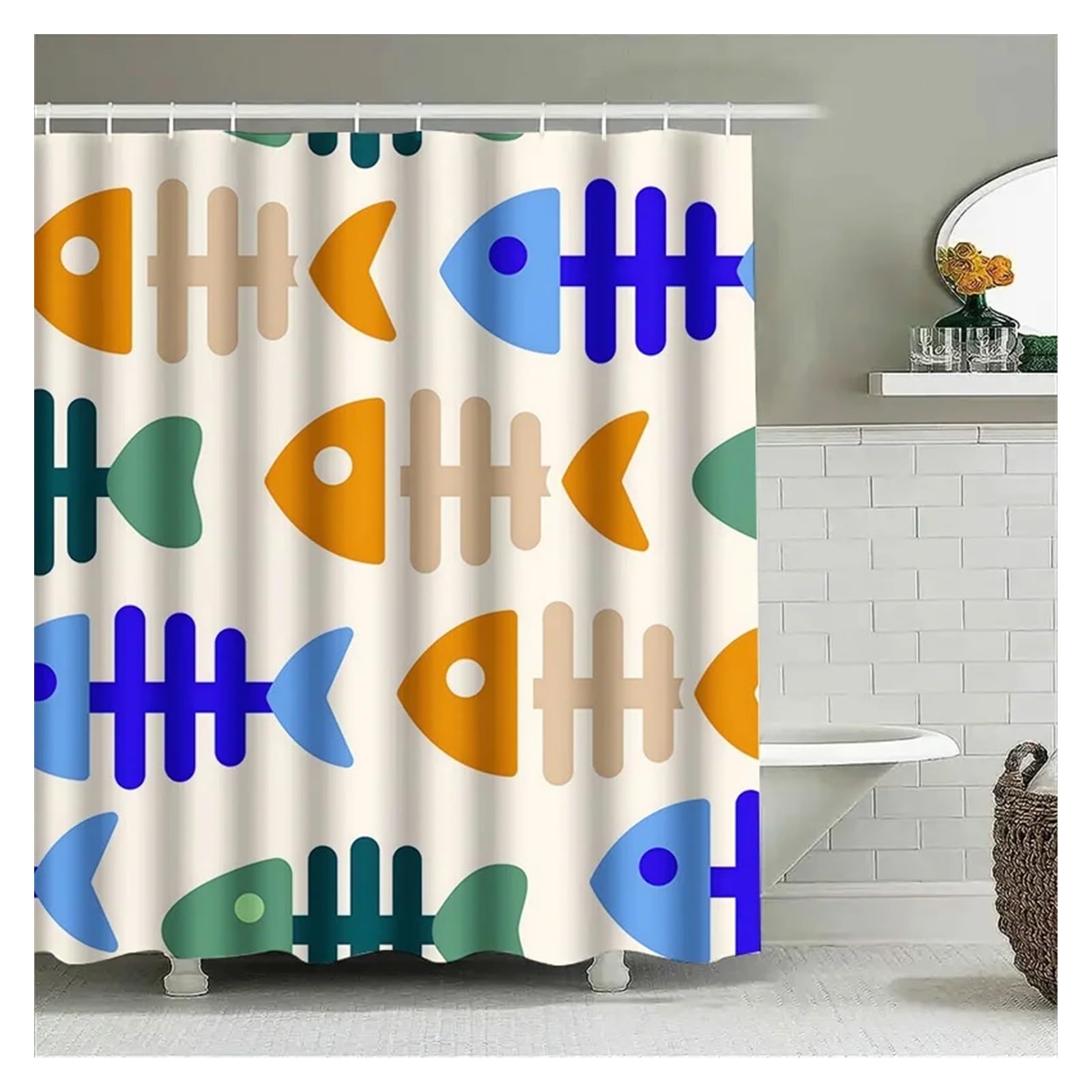 Cortina de Ducha con Estampado Animales, diseño Naranja y Azul, for decoración baño, Juego Accesorios for el hogar, 1 Unidad(180x180cm)
