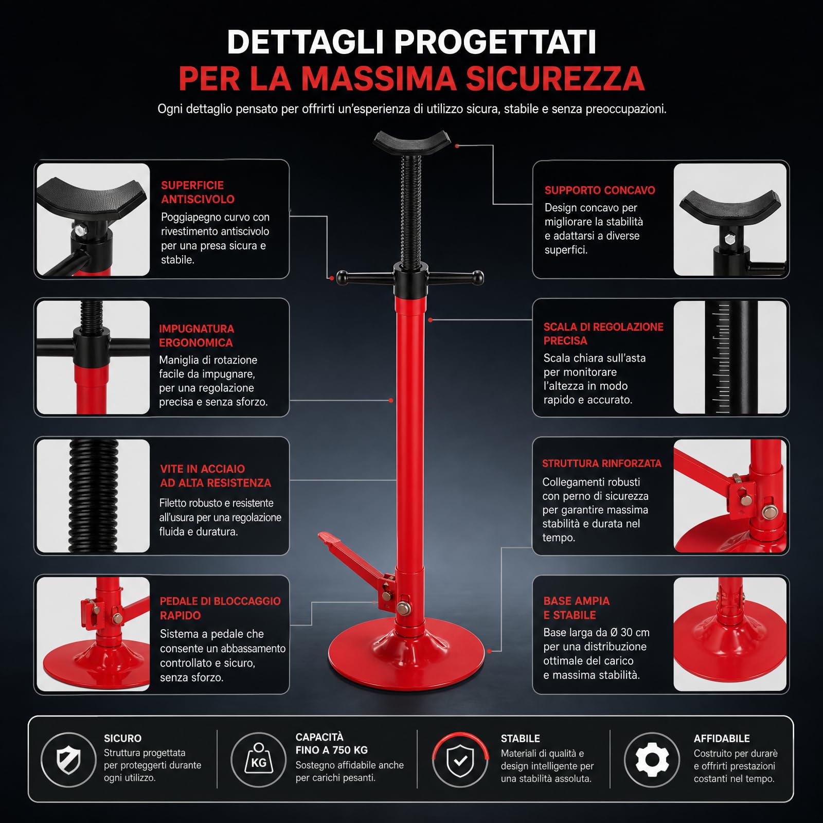 Cavalletto di supporto per sollevamento fino a 750 kg, altezza regolabile da 133 a 200 cm | portata di 750 kg, controllo a pedale, base rotonda stabile da 30 cm, attacco a croce