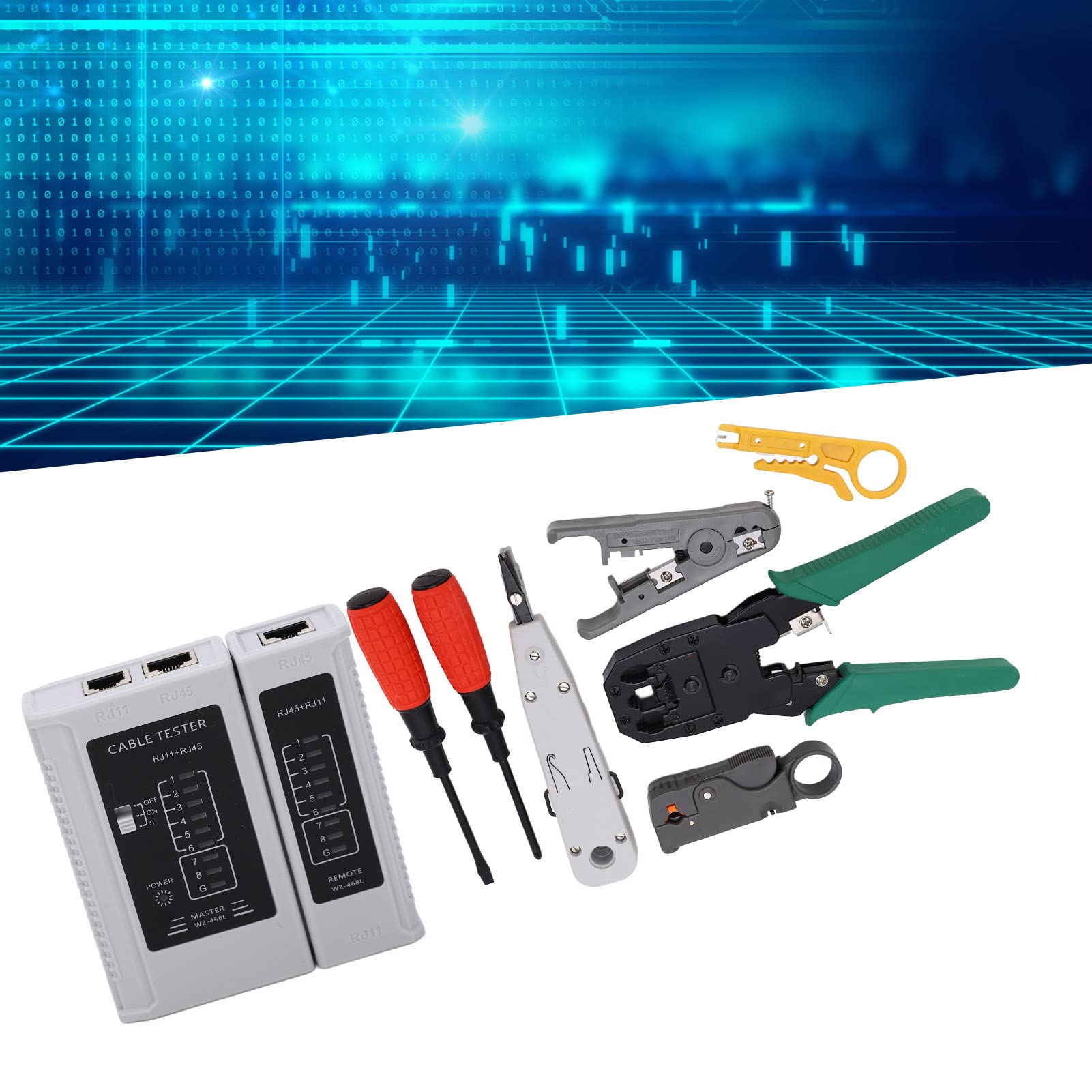 Kit D'outils Réseau 9 en 1 Outil de Combinaison de Câble Réseau Portable avec Sac de Rangement pour Testeur de Connecteur RJ45 RJ11 RJ12 Pince à Dénuder Cutter, Kit de Sertissage de Câble Ethernet Por