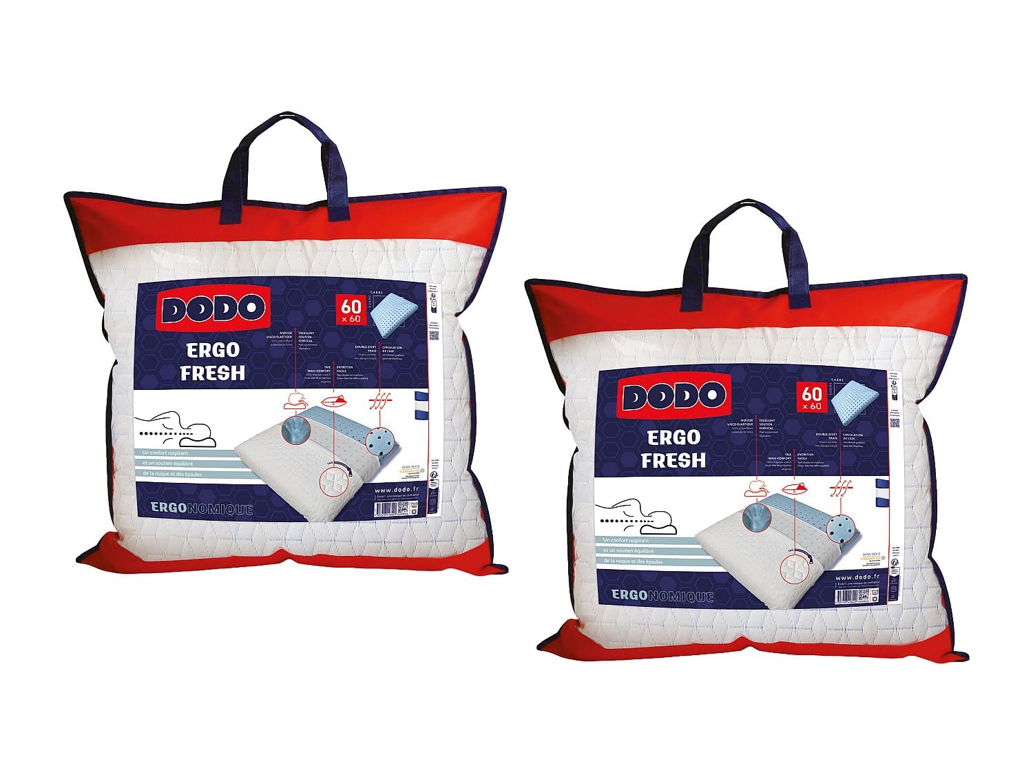 DODO Lot de 2 oreillers mémoire de Forme Effet fraicheur - 60x 60 cm - Fresh