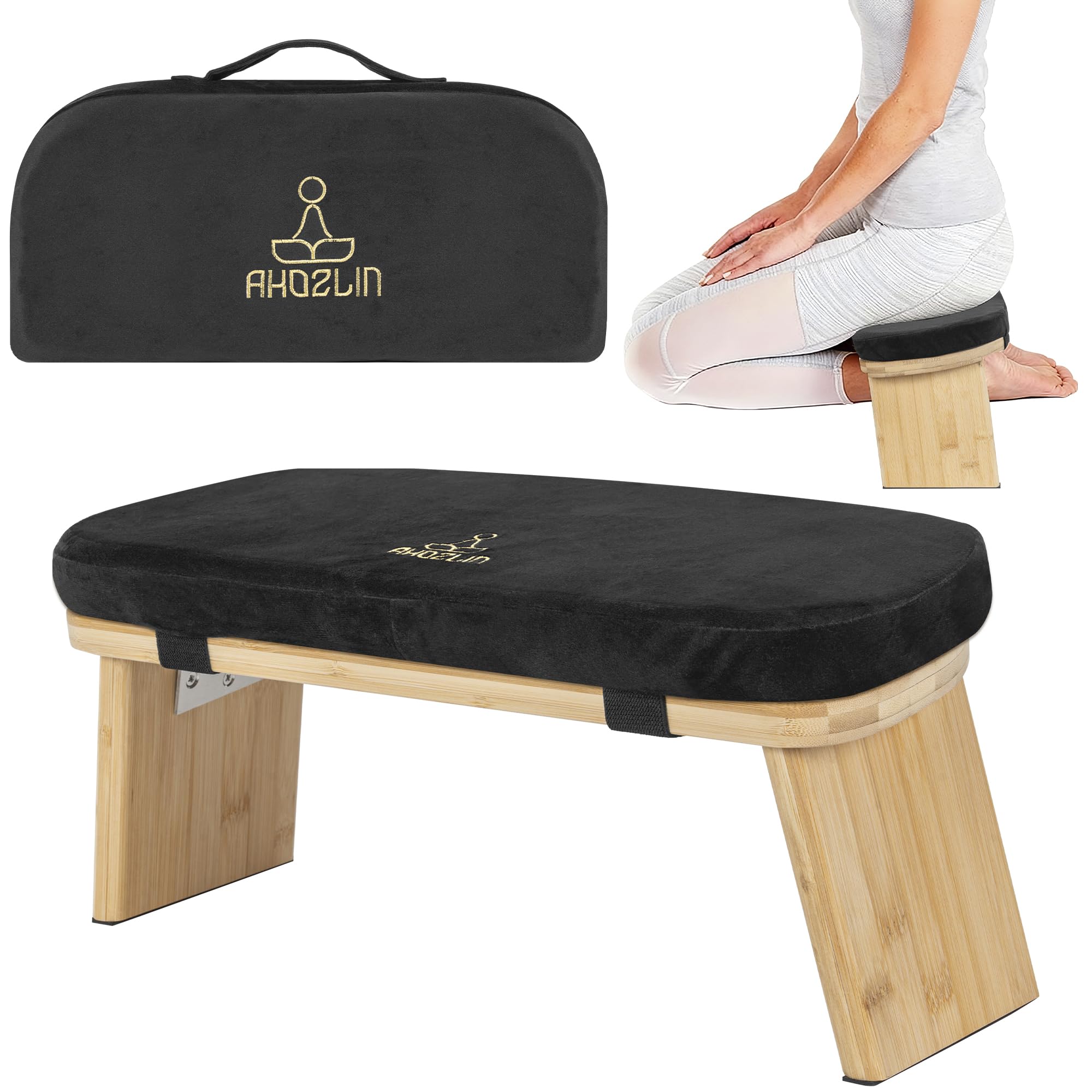 IPEB Meditation Bench Foldable, Bamboo Kneeling Stool with Cushion | Ergonomic Yoga & Prayer Chair for Floor Sitting | Solid Frame | Black