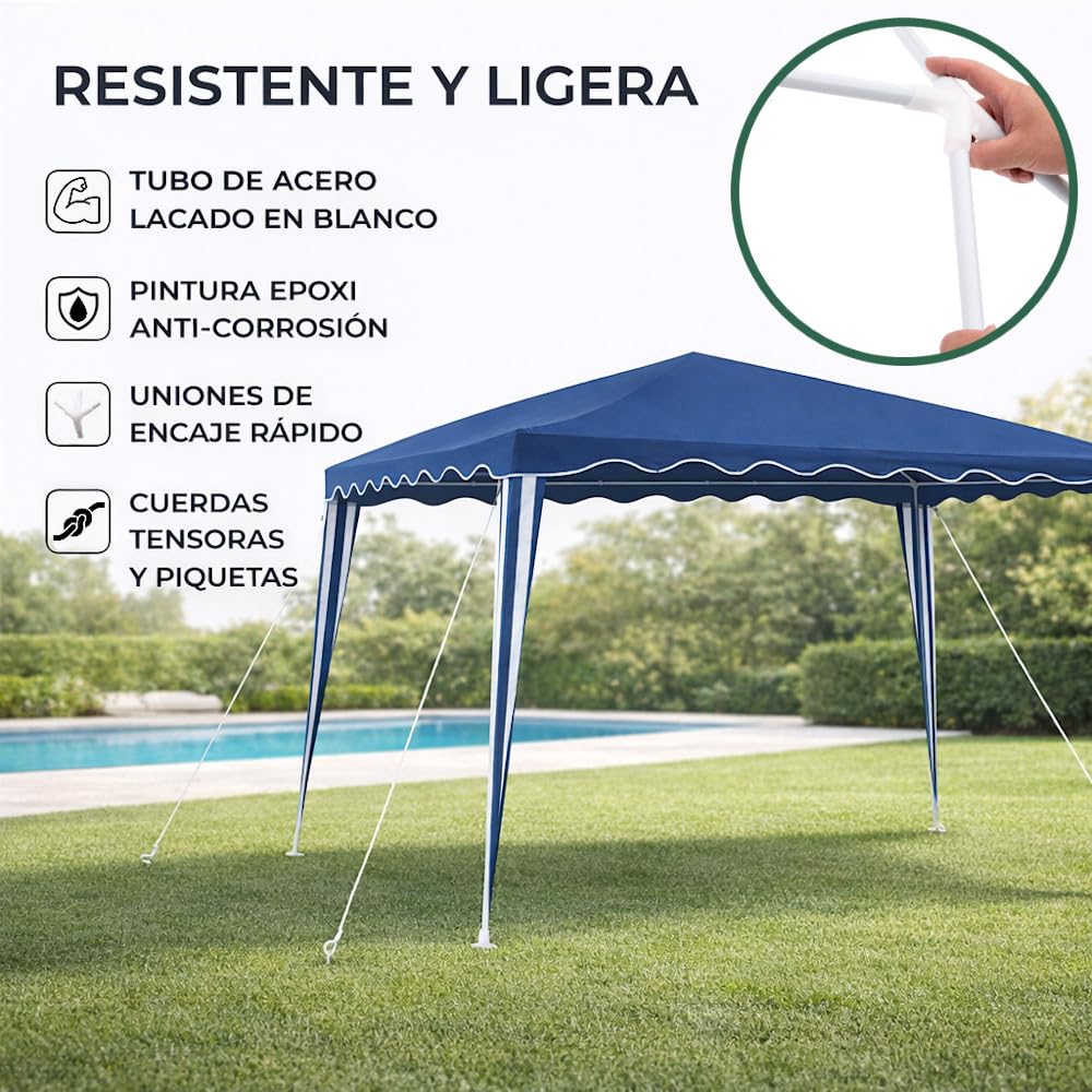 Carpa Cenador Gazebo Desmontable 3 x 3 m Azul | con Tubos de Acero de Alta Resistencia, Protección UV, Poliéster 140gr/m2 Resistente Lluvia| para Playa, Camping, Jardín, Patio, Terraza, Exteriores