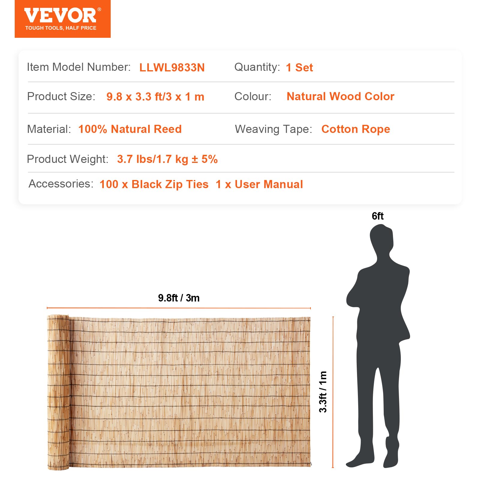VEVOR Clôture en Roseau Naturel, 3 x 1 m, canisse en Roseau, Brise-Vue d'intimité de Balcon, écran de confidentialité décorative pour terrasse extérieure, séparation de Jardin, aménagement paysager